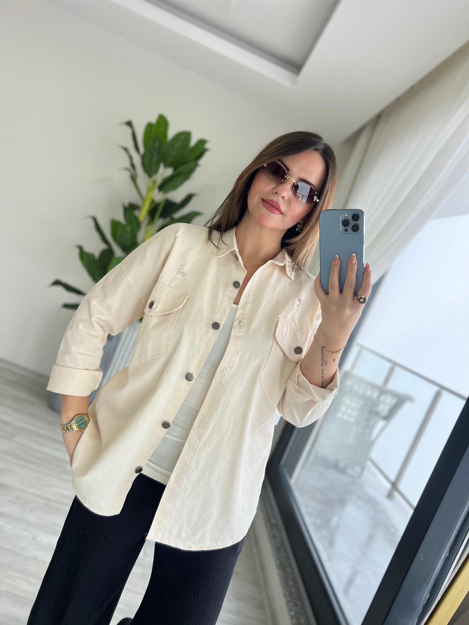 475 Yırtıklı Gabardin Gömlek KREM