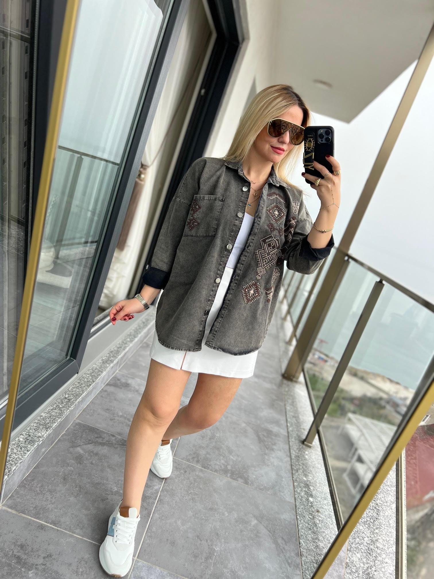 477 Etnik Desen Gabardin Gömlek ANTRESİT