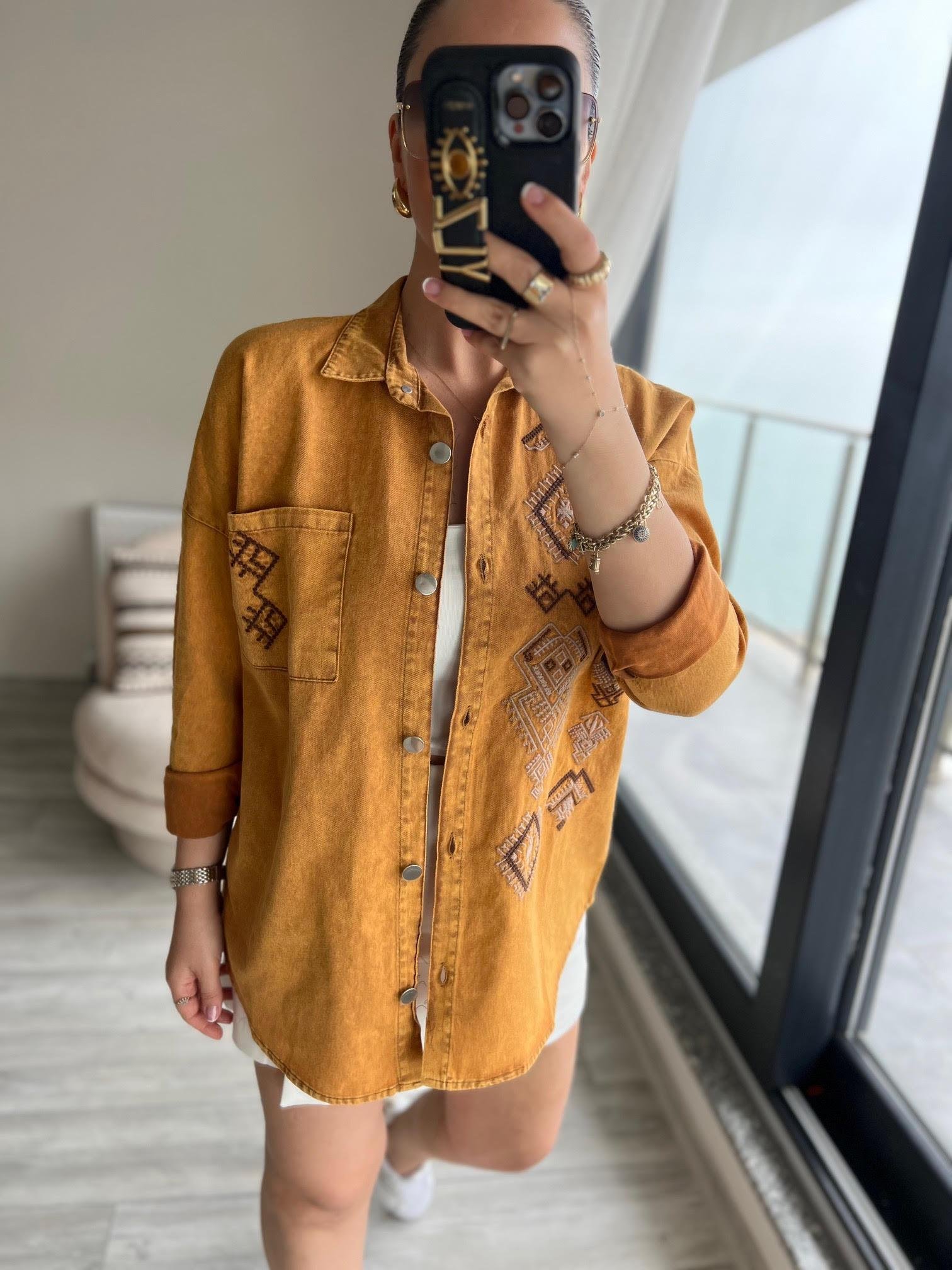 477 Etnik Desen Gabardin Gömlek HARDAL