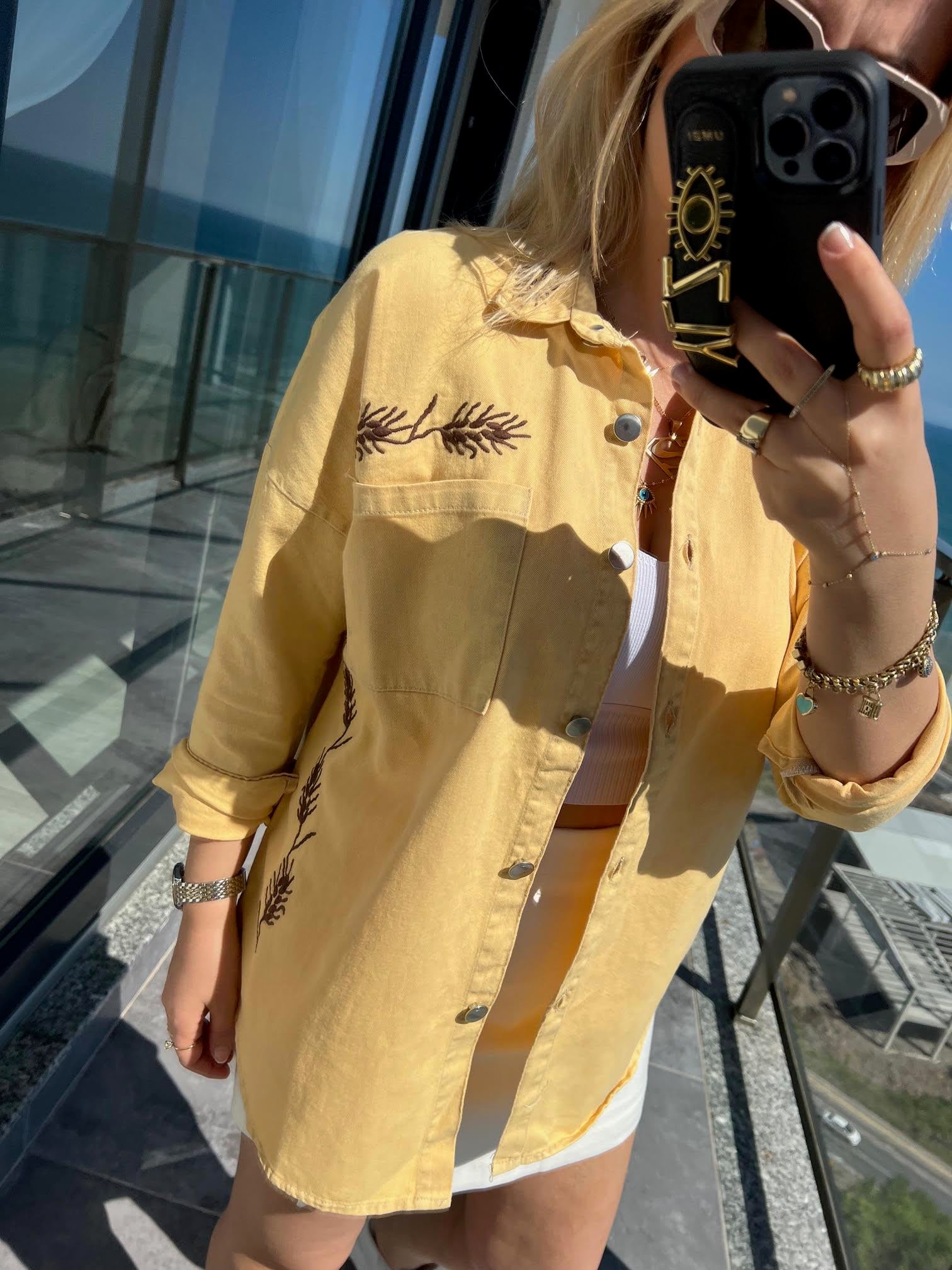 477 Etnik Desen Gabardin Gömlek VANİLYA