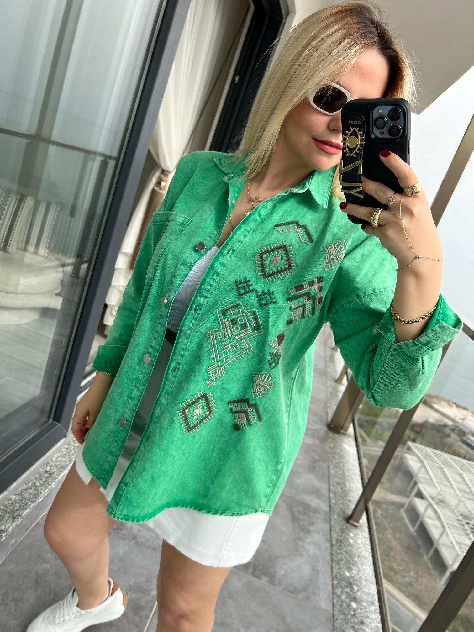477 Etnik Desen Gabardin Gömlek YEŞİL