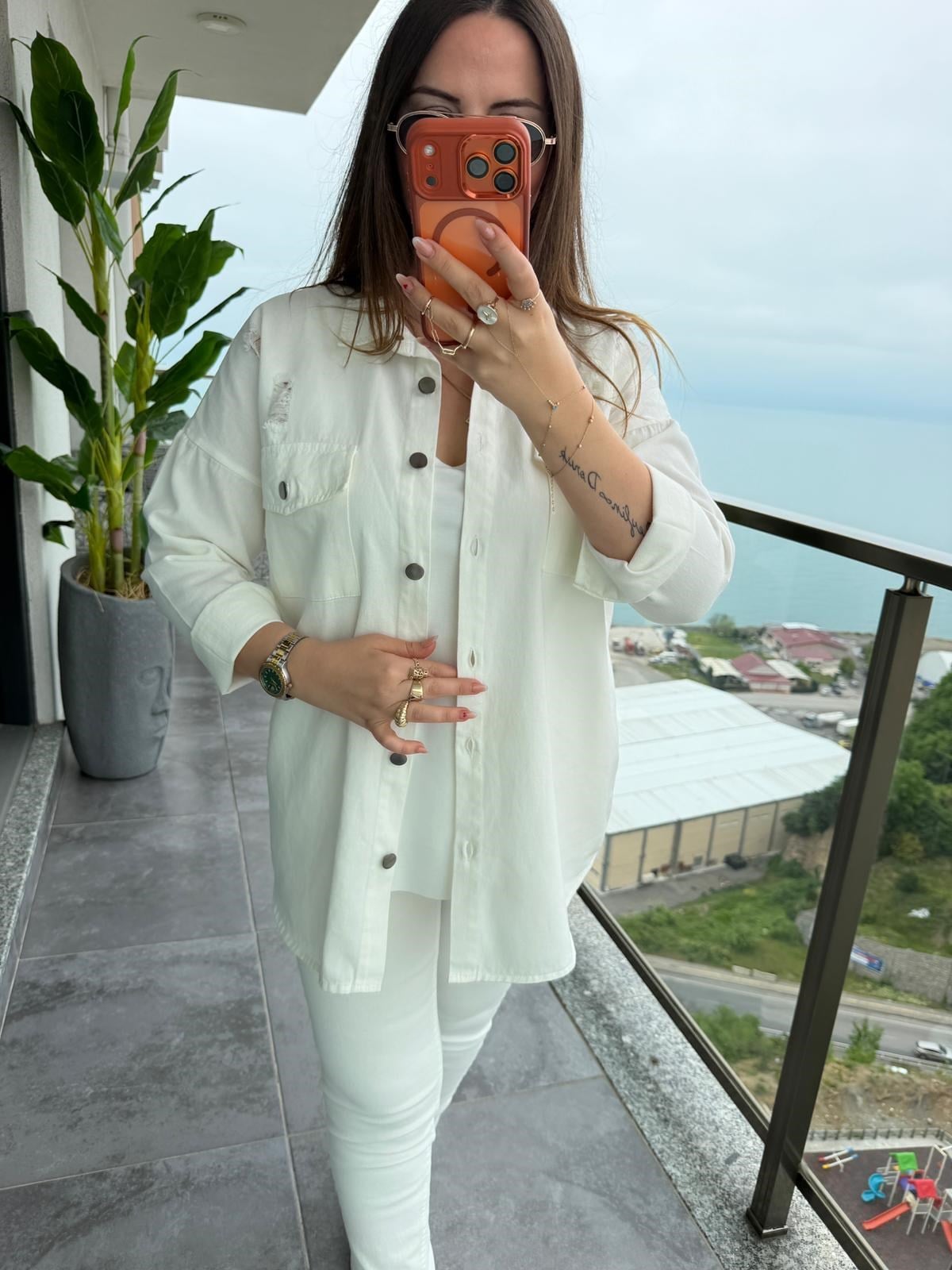 479 Uzun Yırtıklı Gabardin Gömlek BEYAZ