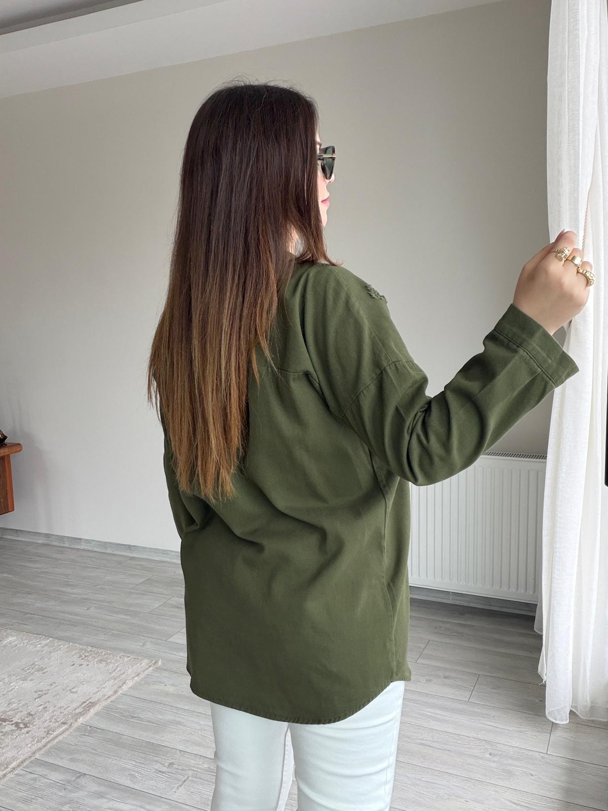 479 Uzun Yırtıklı Gabardin Gömlek HAKİ YEŞİL