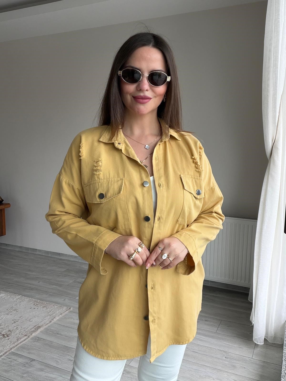 479 Uzun Yırtıklı Gabardin Gömlek HARDAL