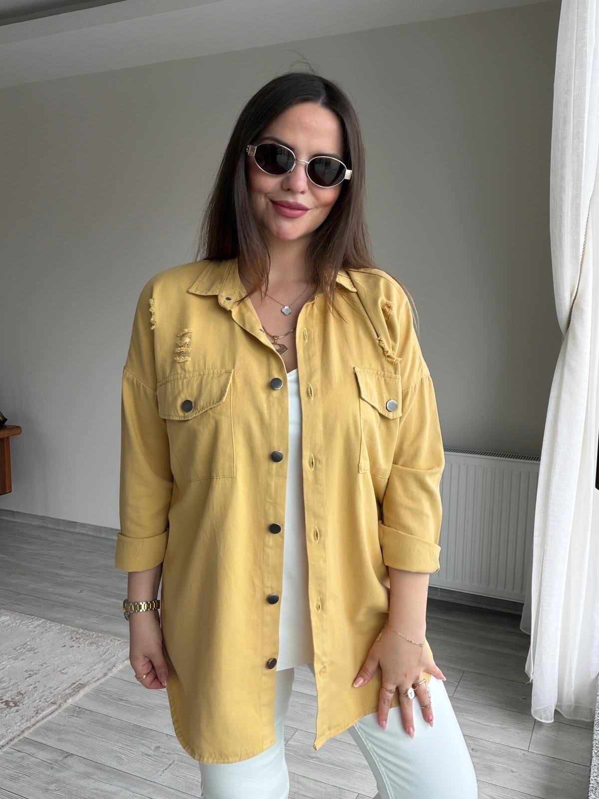 479 Uzun Yırtıklı Gabardin Gömlek HARDAL