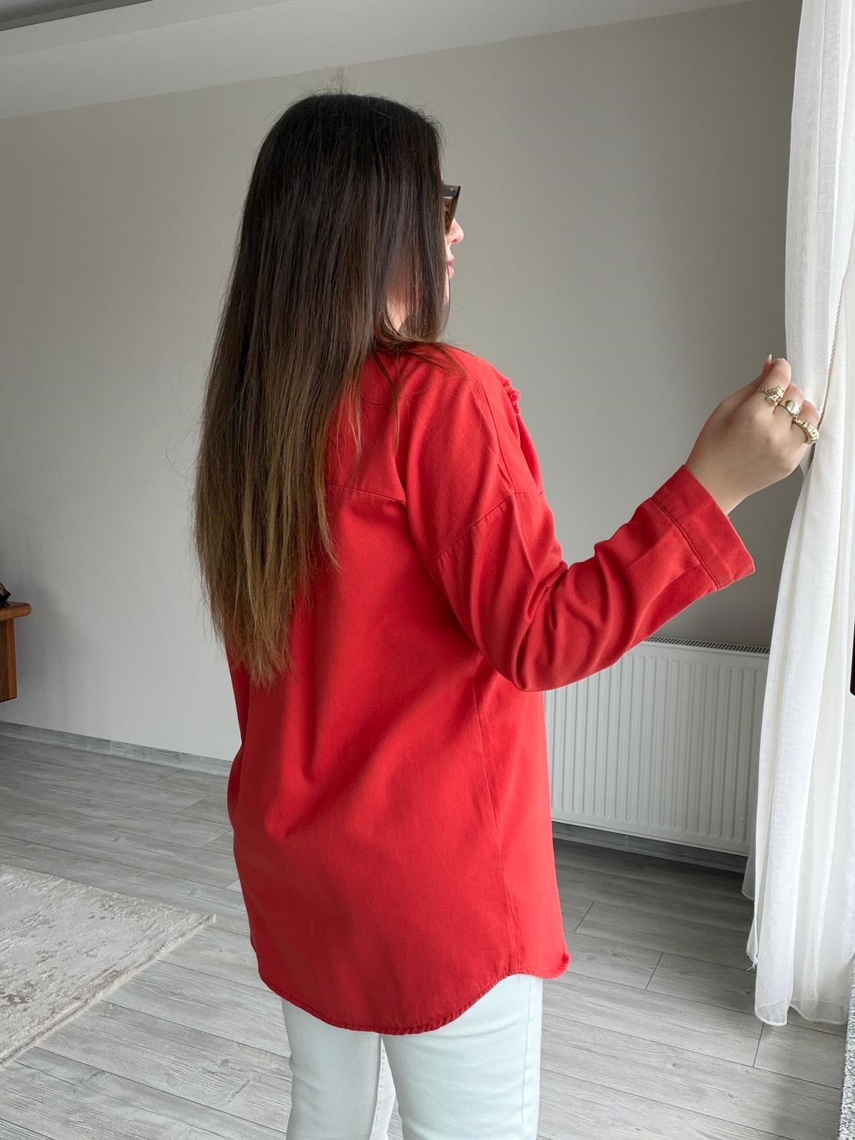 479 Uzun Yırtıklı Gabardin Gömlek MERCAN
