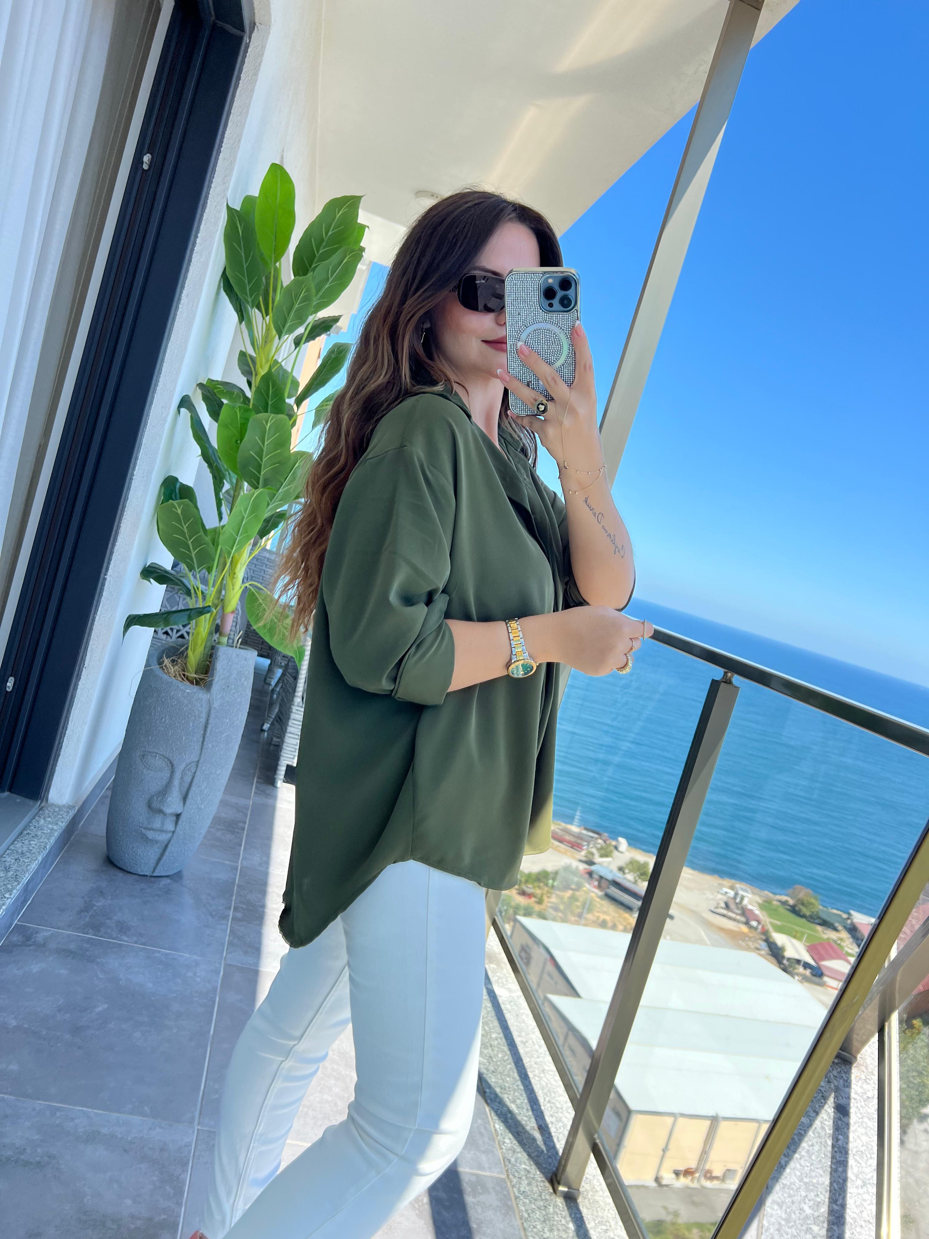 481 Yarasa Kol Saten Gömlek HAKİ YEŞİL