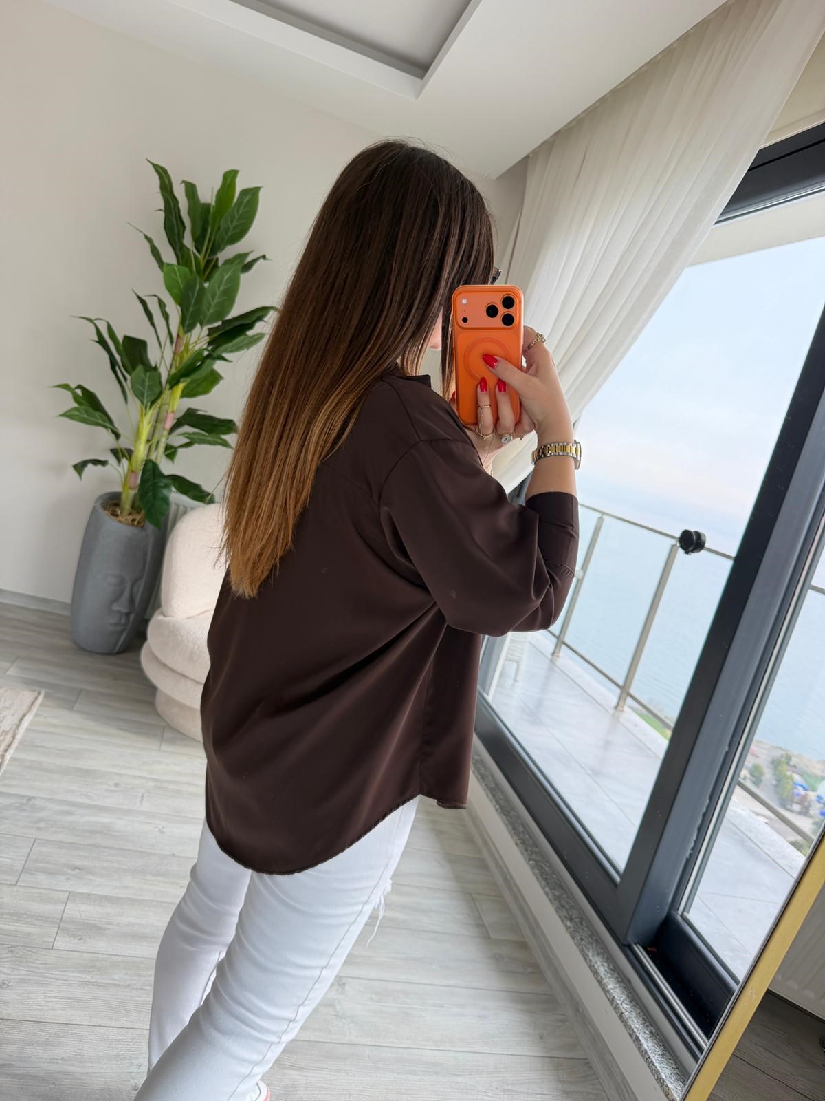 481 Yarasa Kol Saten Gömlek KAHVE