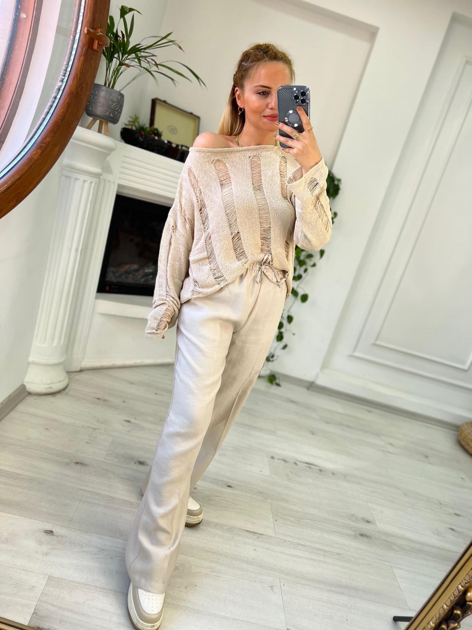 4825 Kemeri Bagcıklı Pantolon TAŞ