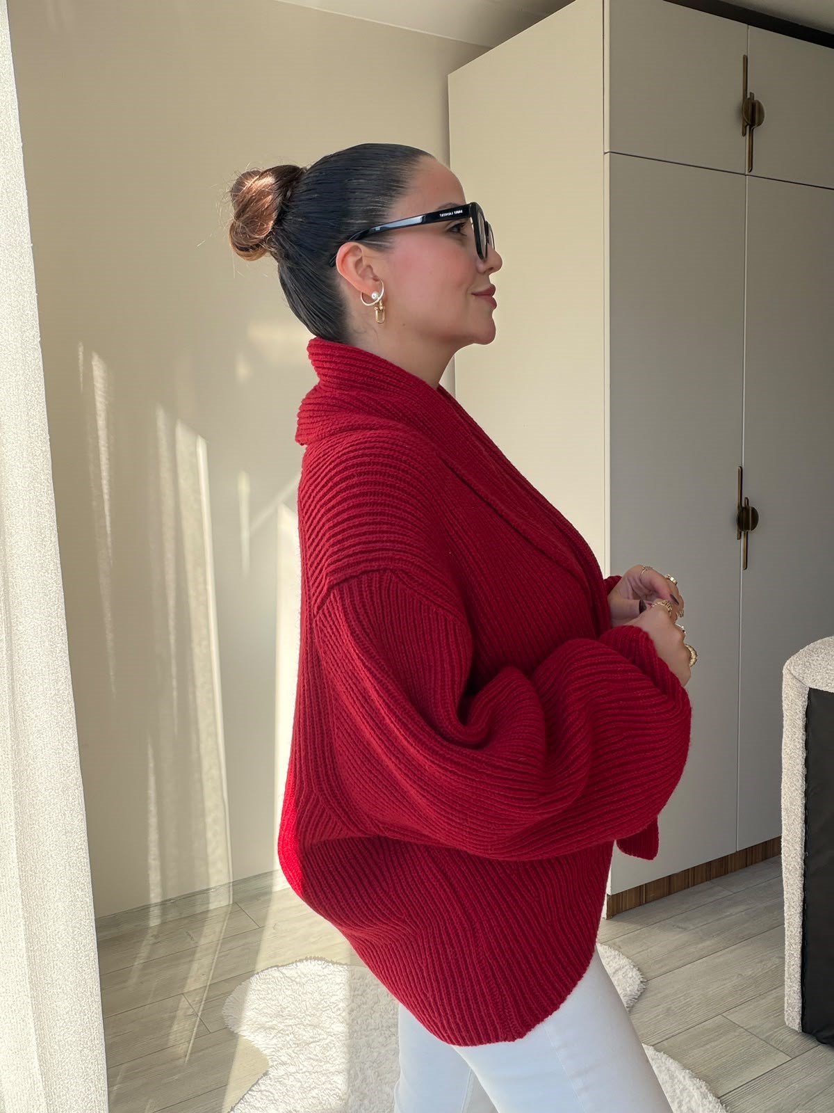 4837 Owersize Şal Yaka Yünlü Hırka KIRMIZI