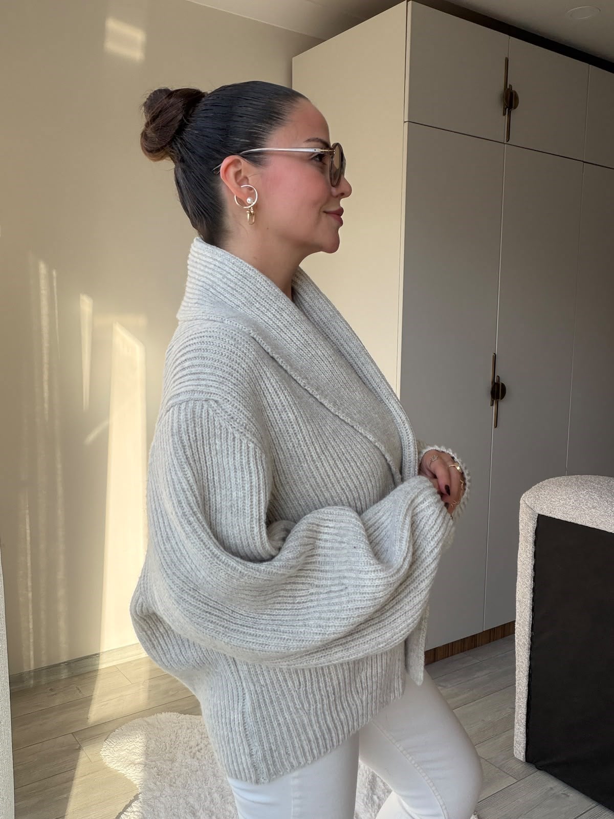 4837 Owersize Şal Yaka Yünlü Hırka TAŞ