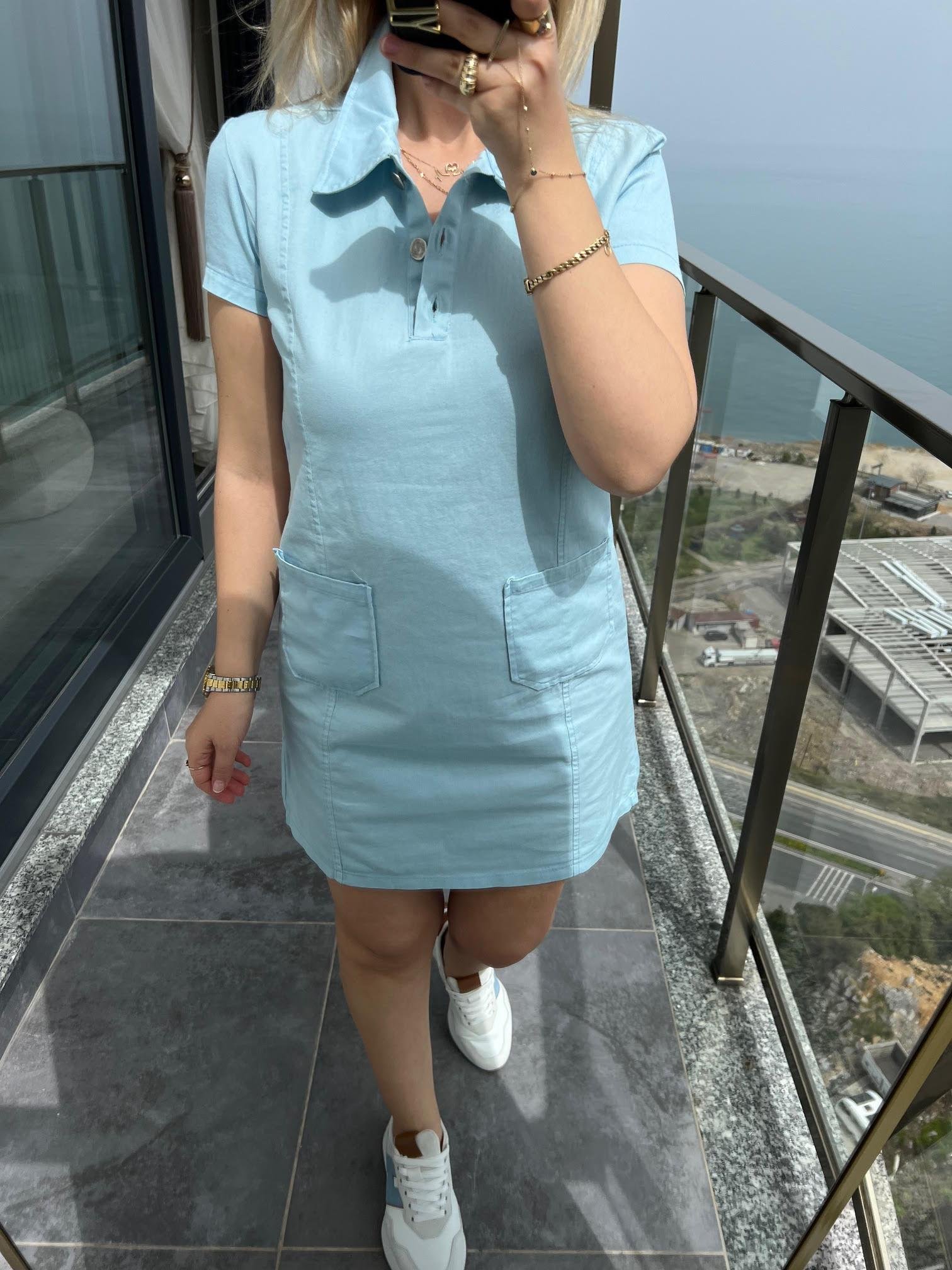 486 Ön Cepli Gabardin Elbise BEBE MAVİ
