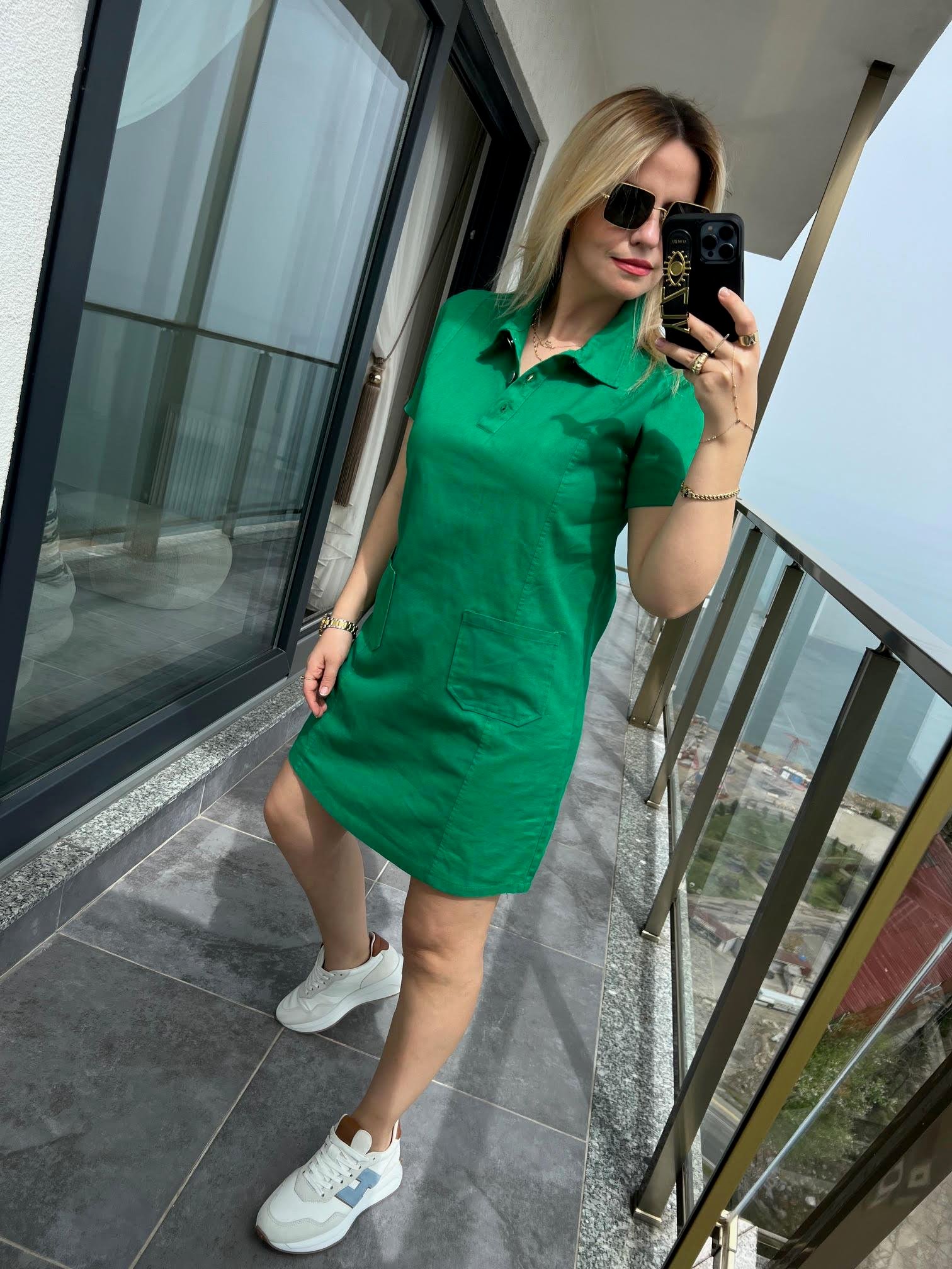 486 Ön Cepli Gabardin Elbise YEŞİL