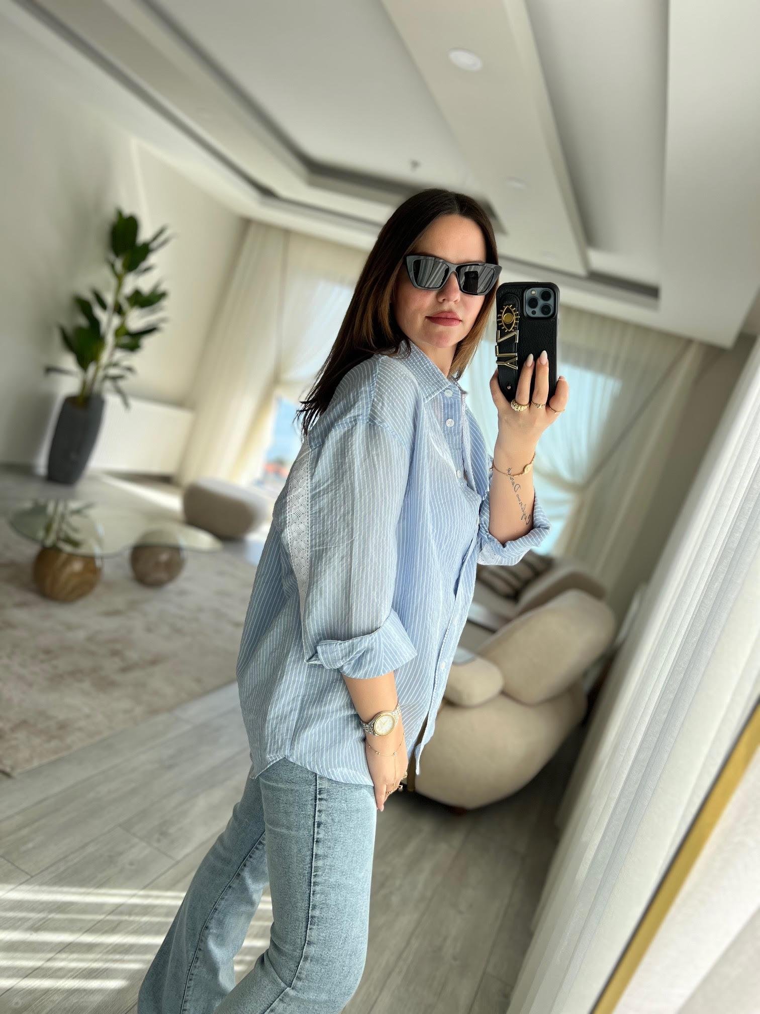4958 Dantelli Çizgili Gömlek MAVİ