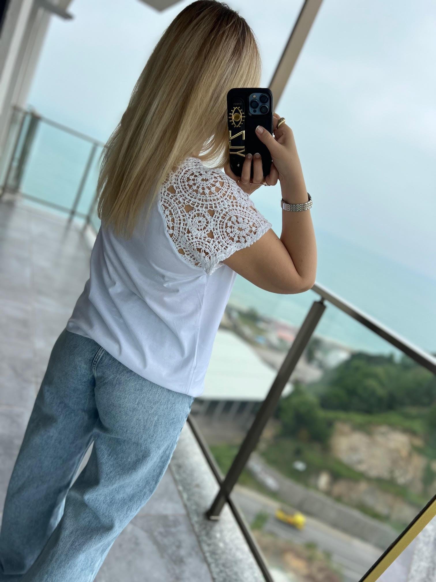 4961 Omuzu Dantel Tshirt BEYAZ