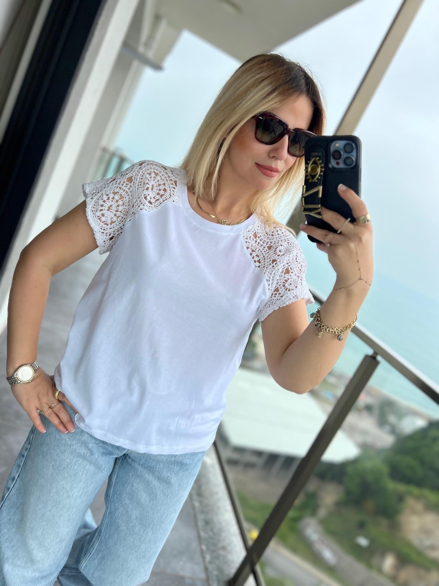 4961 Omuzu Dantel Tshirt BEYAZ