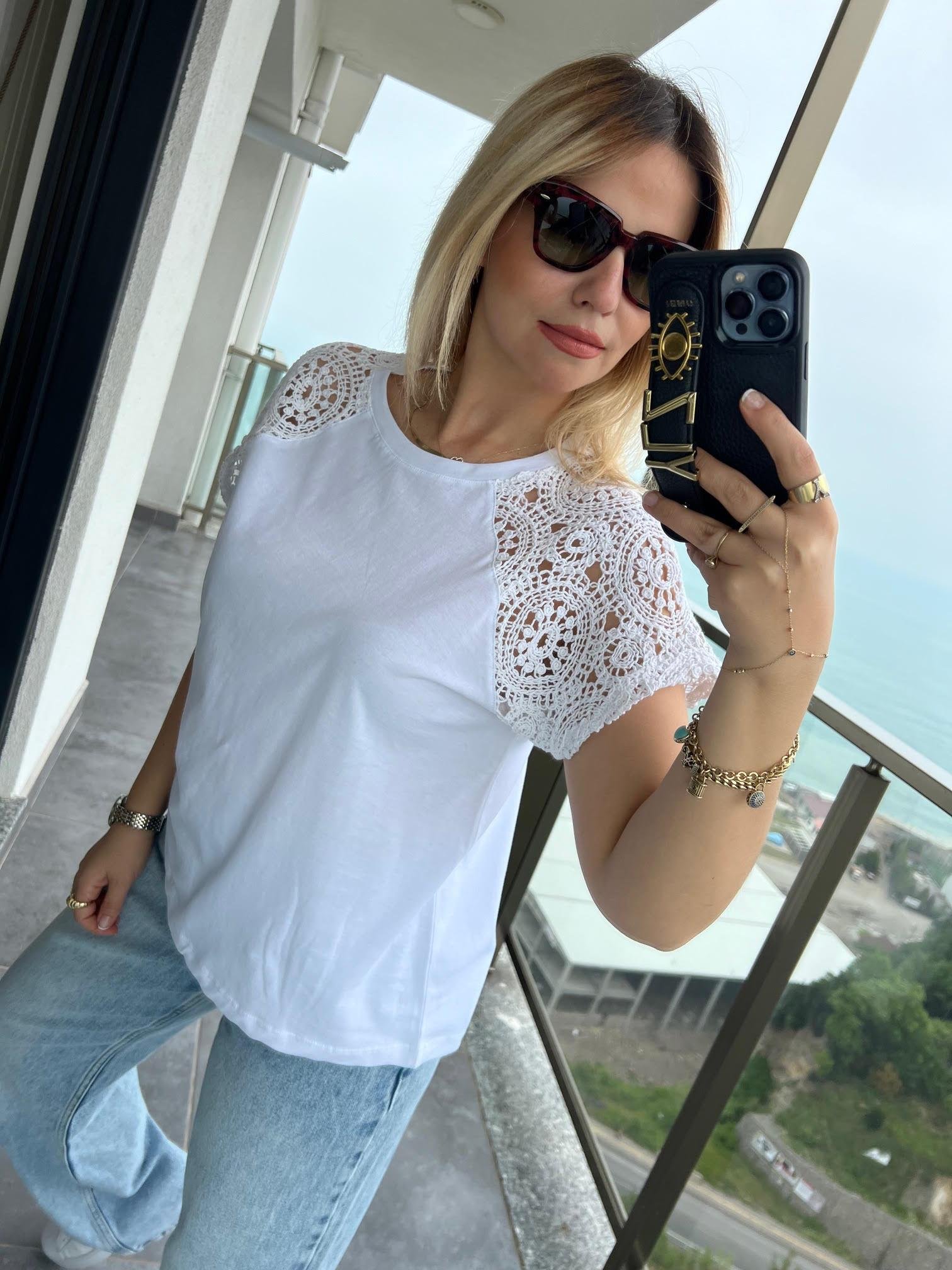 4961 Omuzu Dantel Tshirt BEYAZ