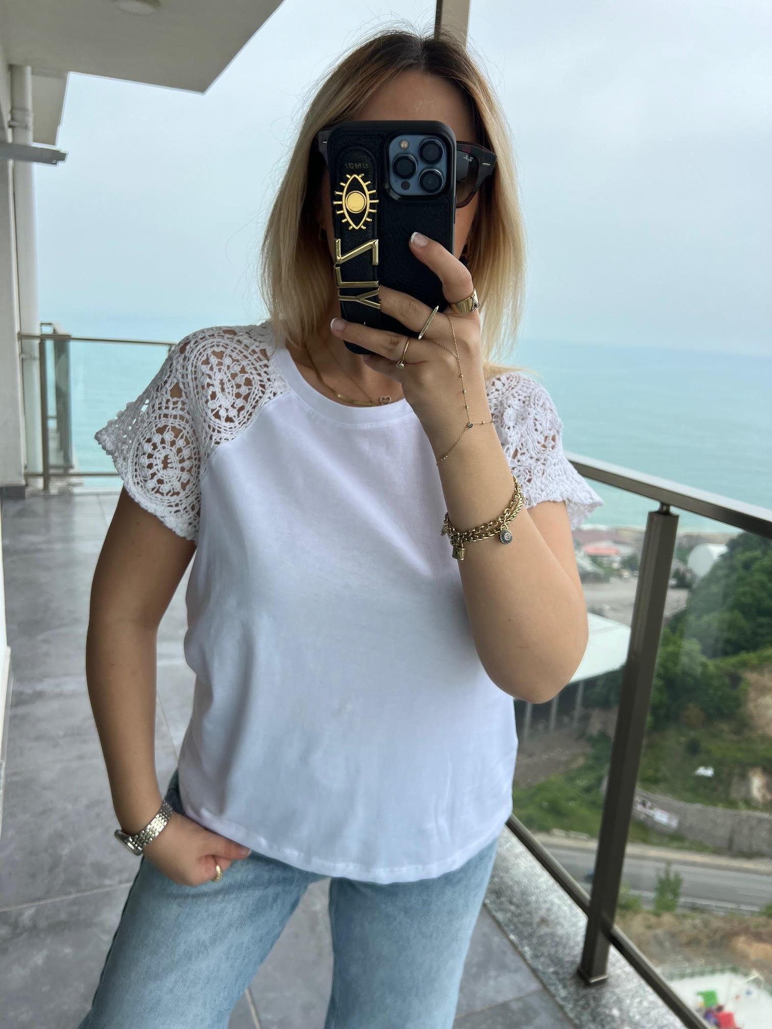 4961 Omuzu Dantel Tshirt BEYAZ
