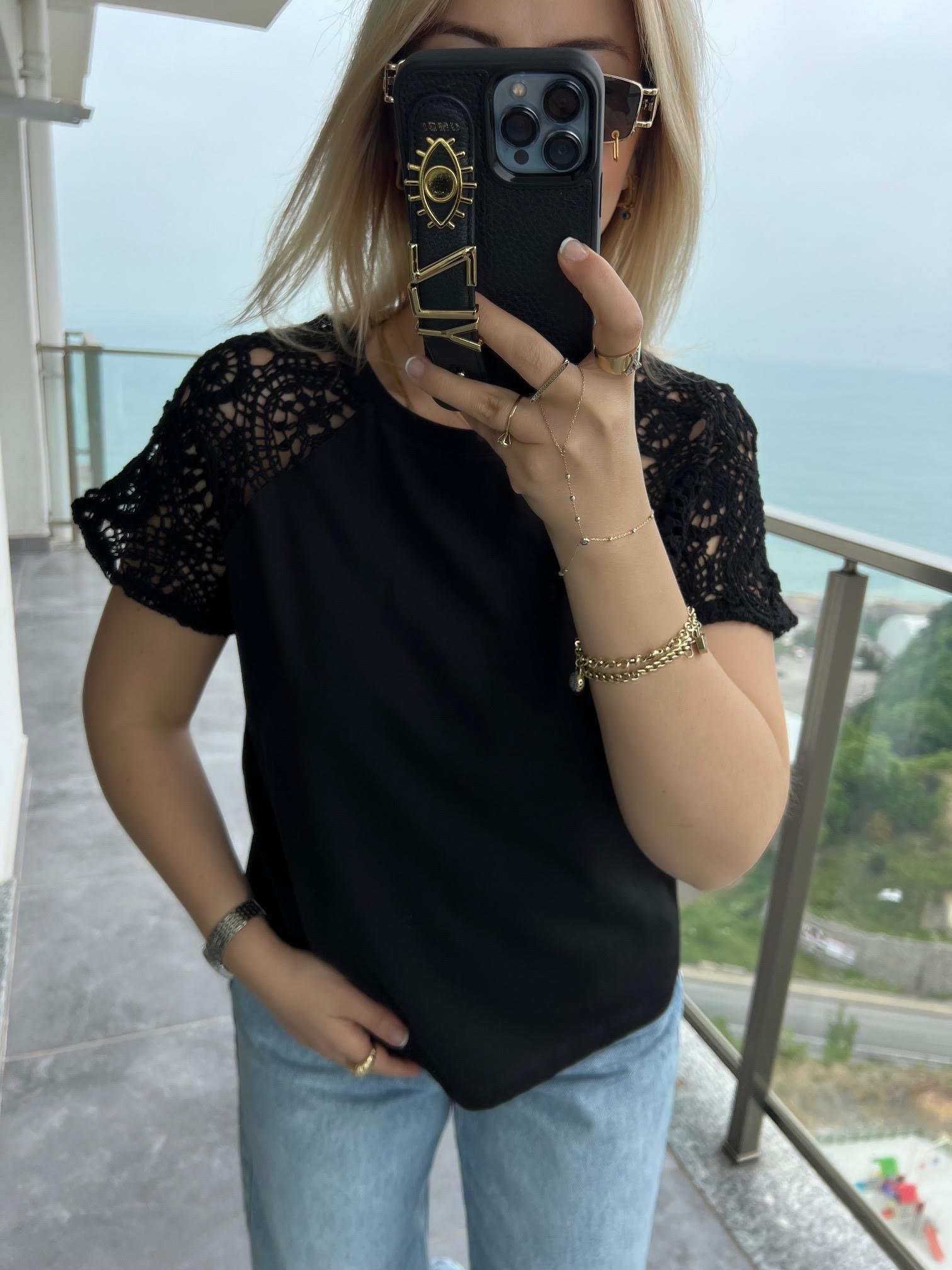 4961 Omuzu Dantel Tshirt SİYAH