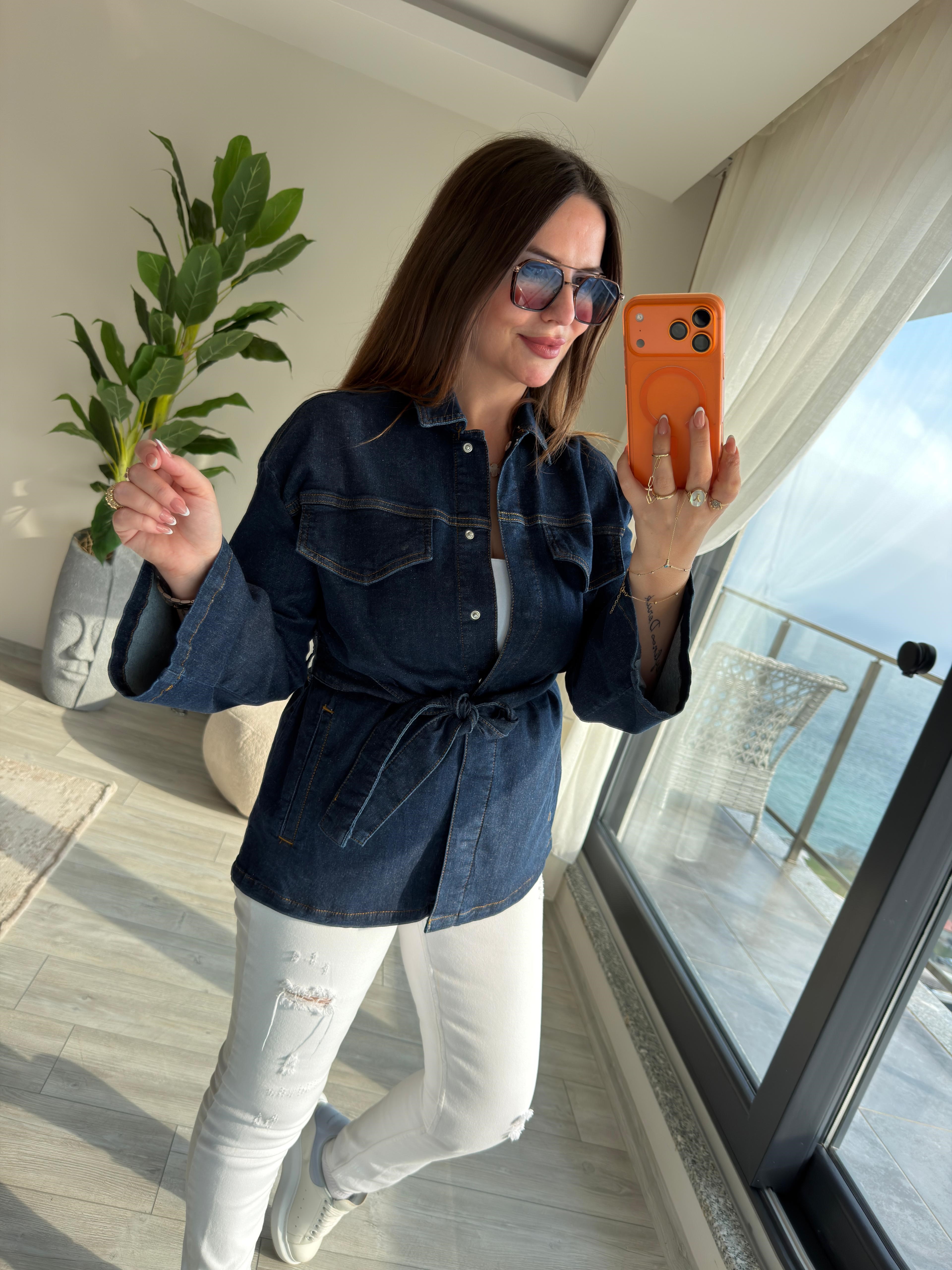 5001 Kemerli Kot Ceket LACİVERT