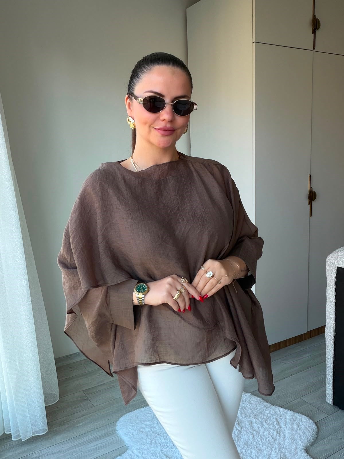 5026 Uçuşan Pelerin Bluz KAHVE
