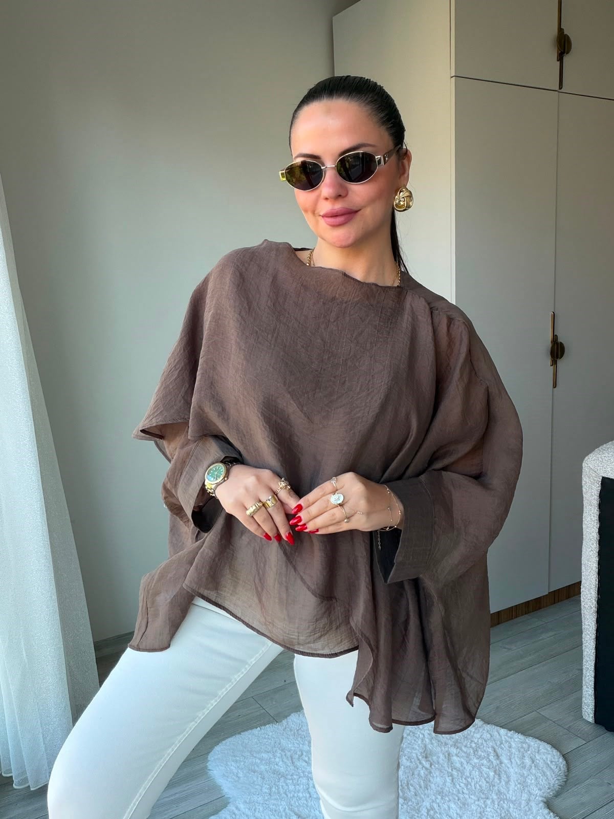 5026 Uçuşan Pelerin Bluz KAHVE