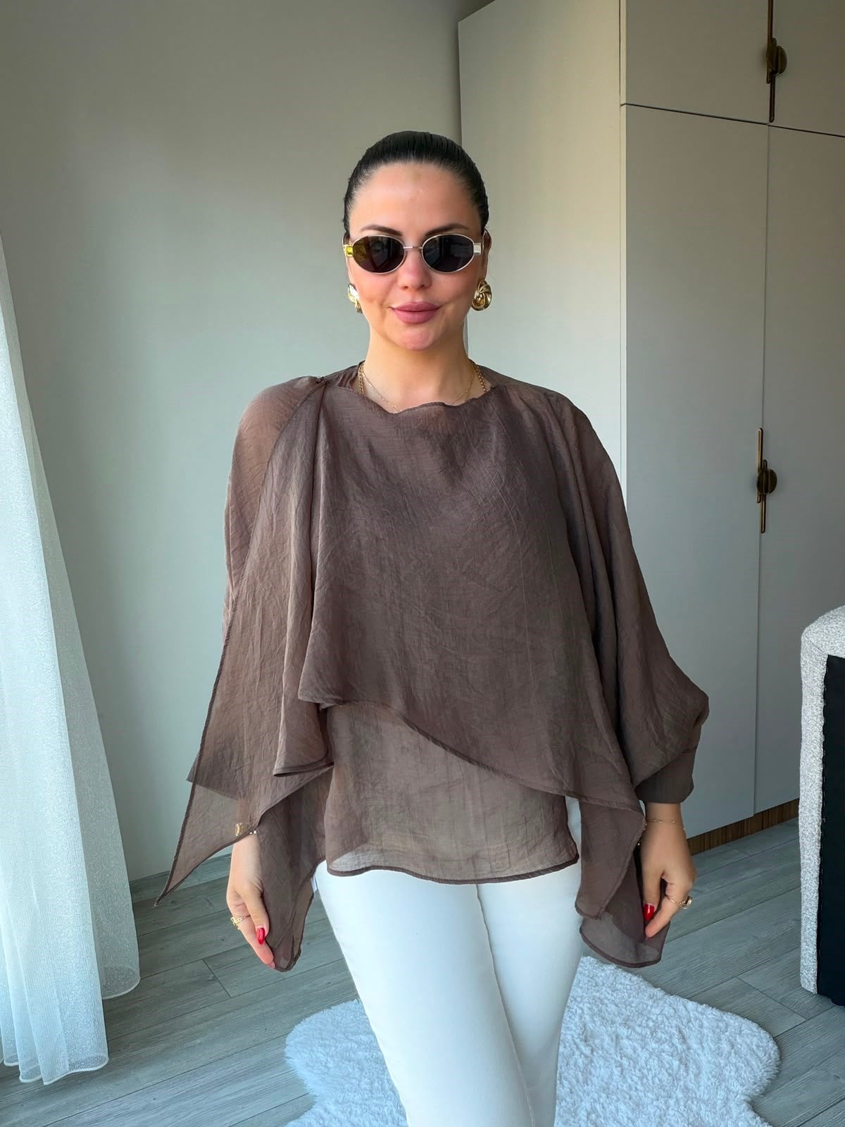 5026 Uçuşan Pelerin Bluz KAHVE