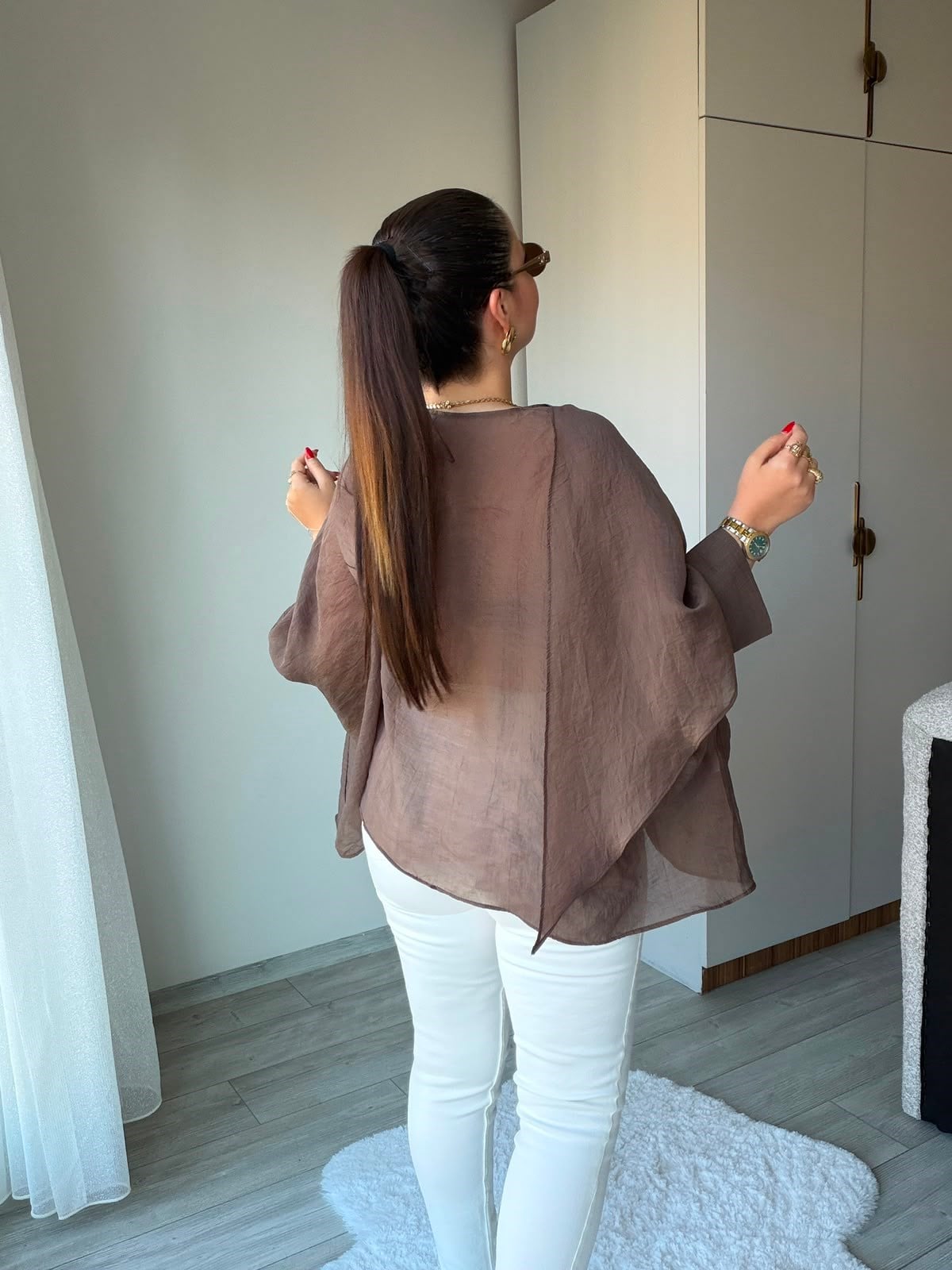 5026 Uçuşan Pelerin Bluz KAHVE