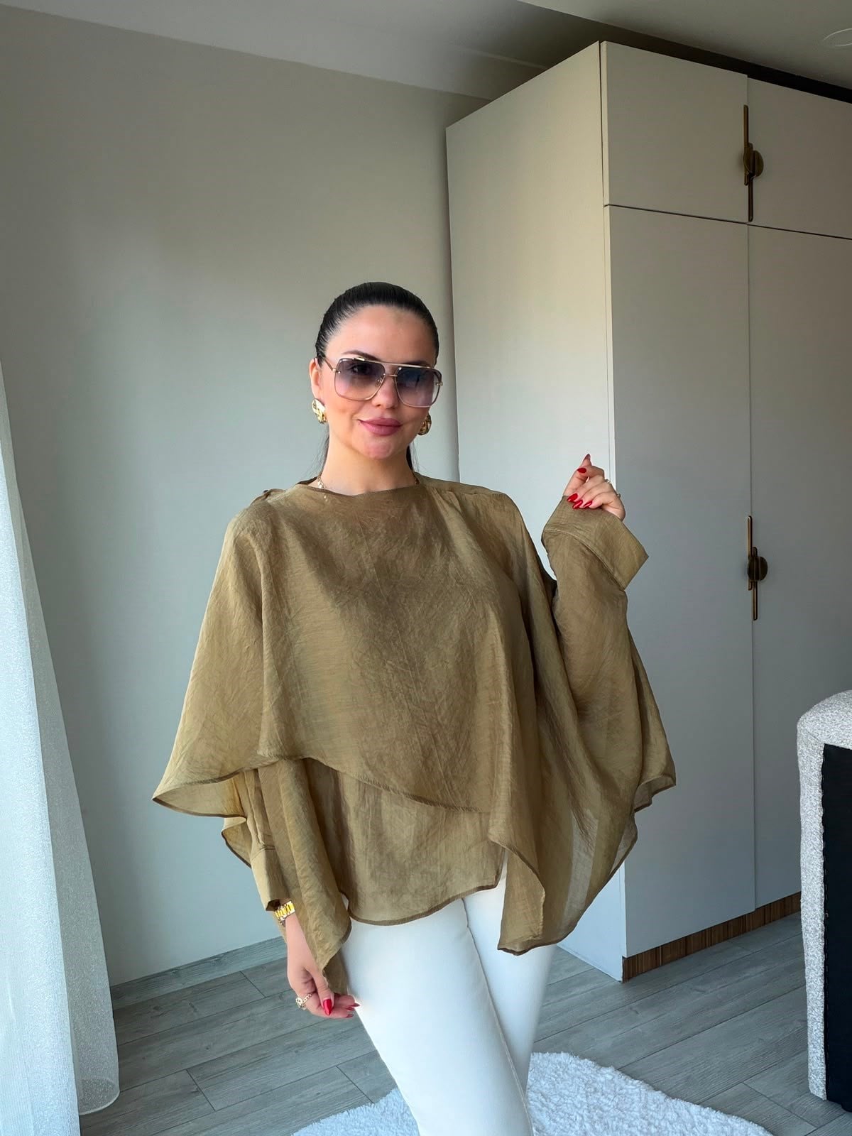 5026 Uçuşan Pelerin Bluz olive