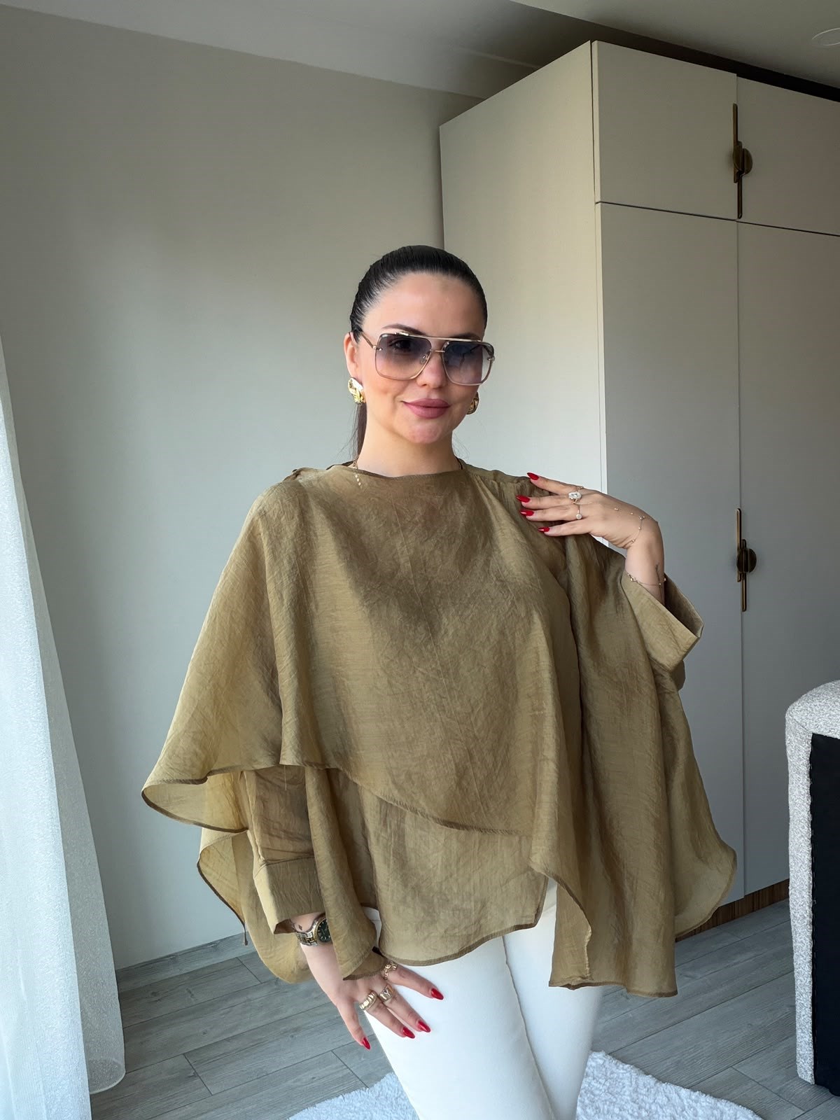 5026 Uçuşan Pelerin Bluz olive
