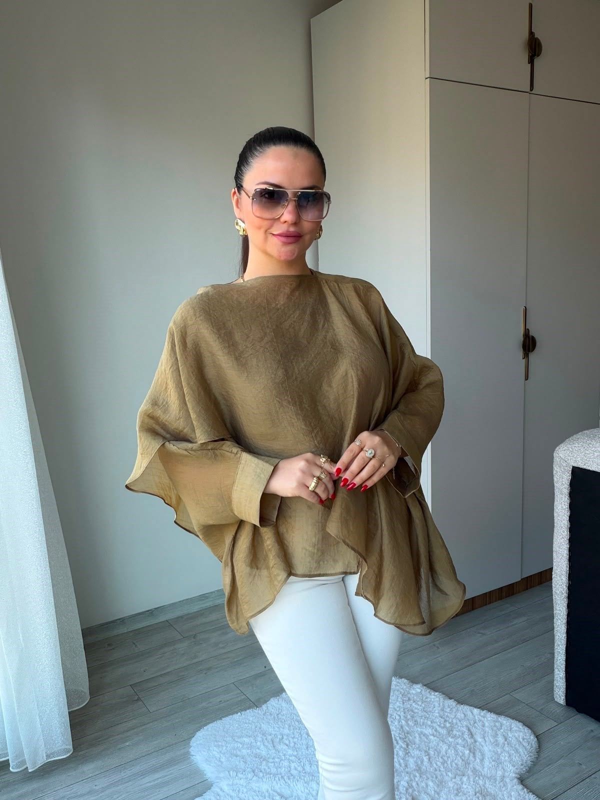 5026 Uçuşan Pelerin Bluz olive