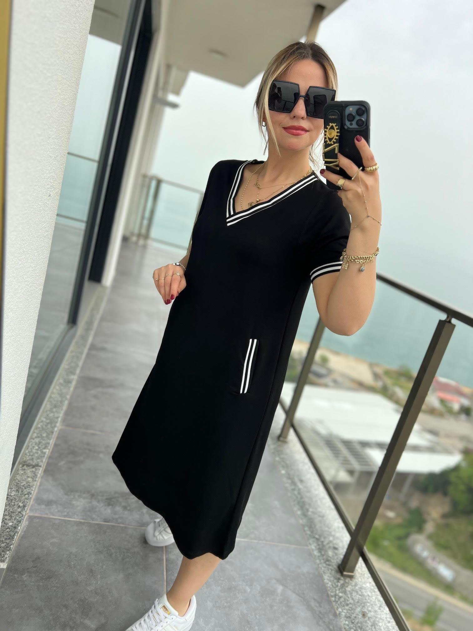 5034 V Yaka Biyeli Elbise SİYAH