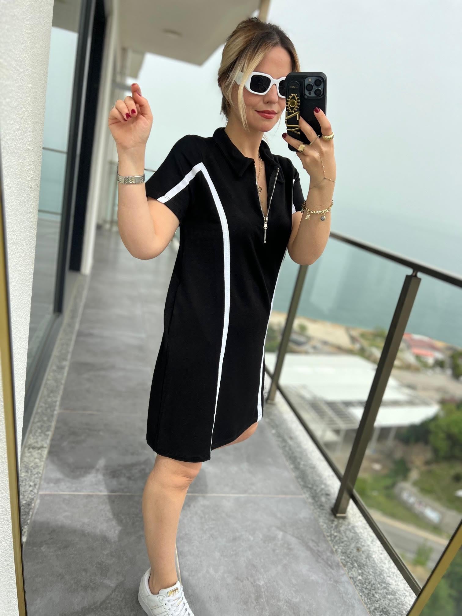 5036 Polo Yaka Şeritli Elbise SİYAH