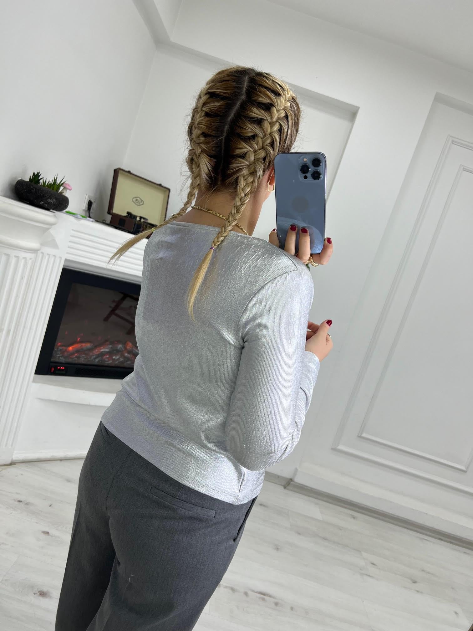 5042 Varaklı Baskılı Tshirt GÜMÜŞ