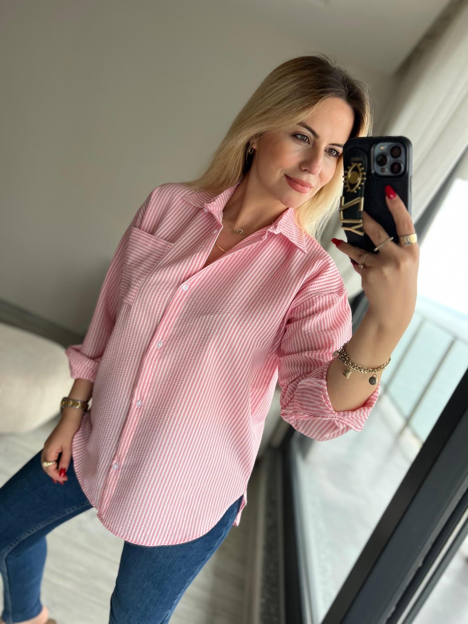 505 Tek Cep Çizgili Gömlek PEMBE