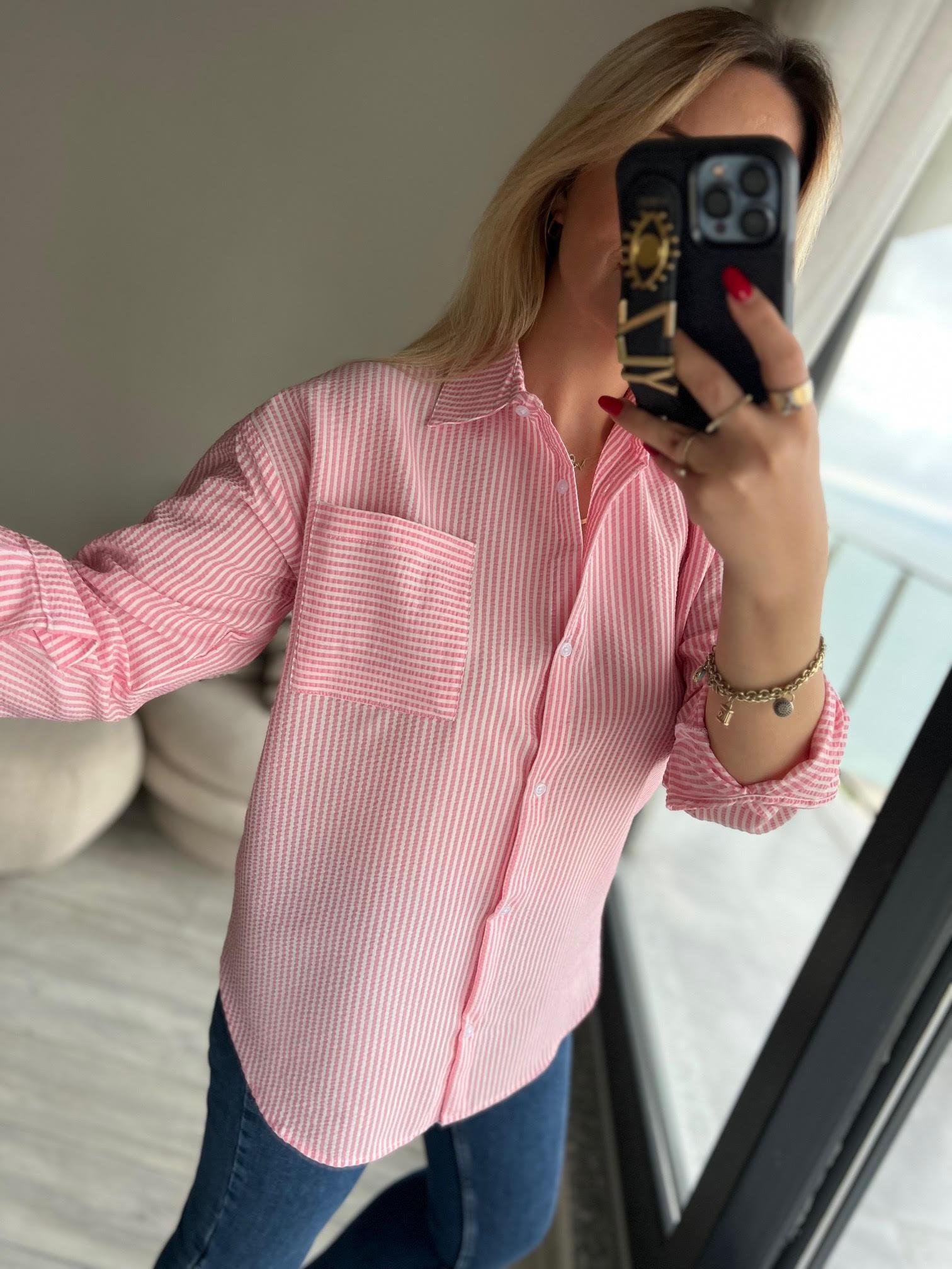 505 Tek Cep Çizgili Gömlek PEMBE