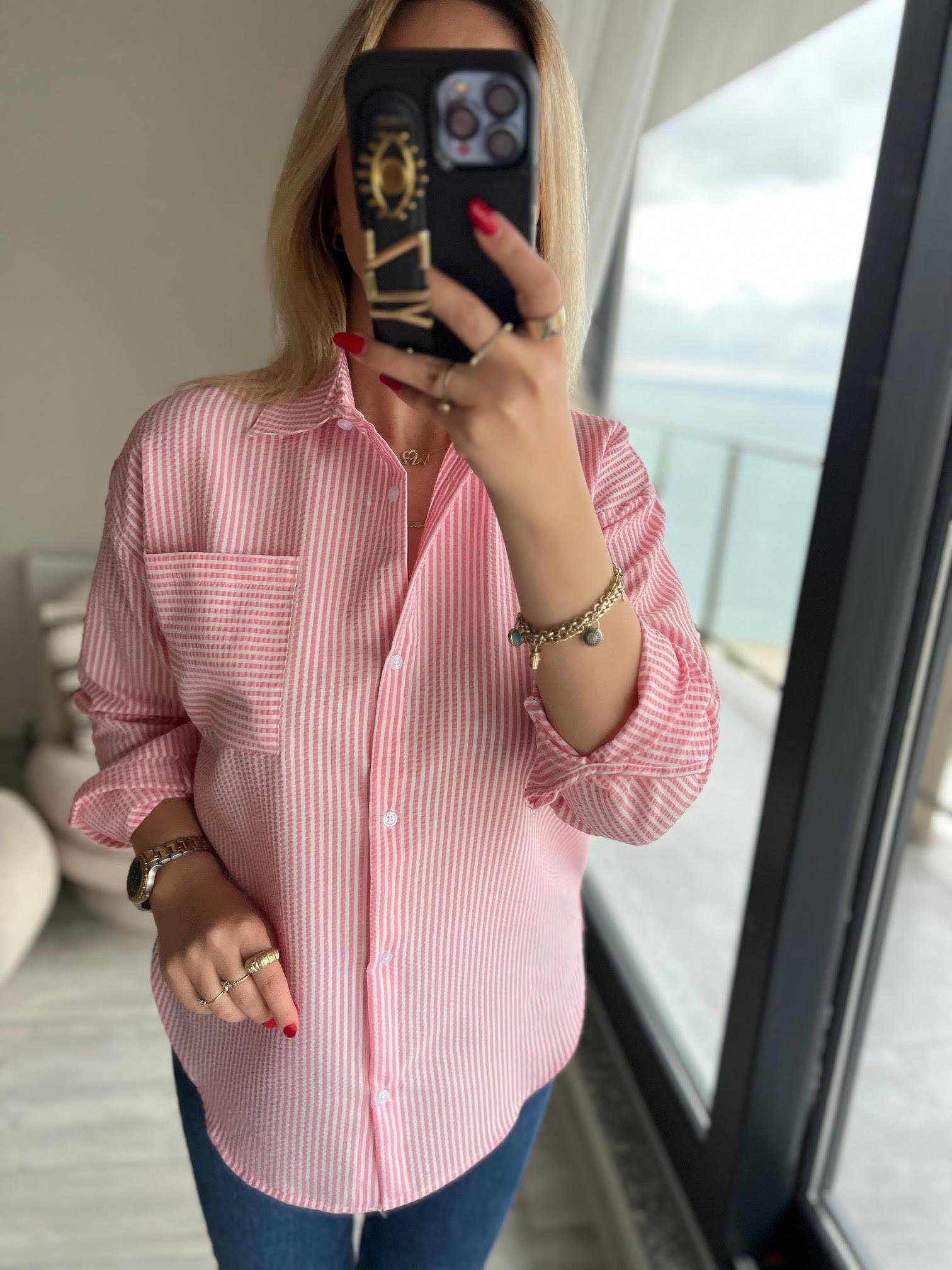 505 Tek Cep Çizgili Gömlek PEMBE