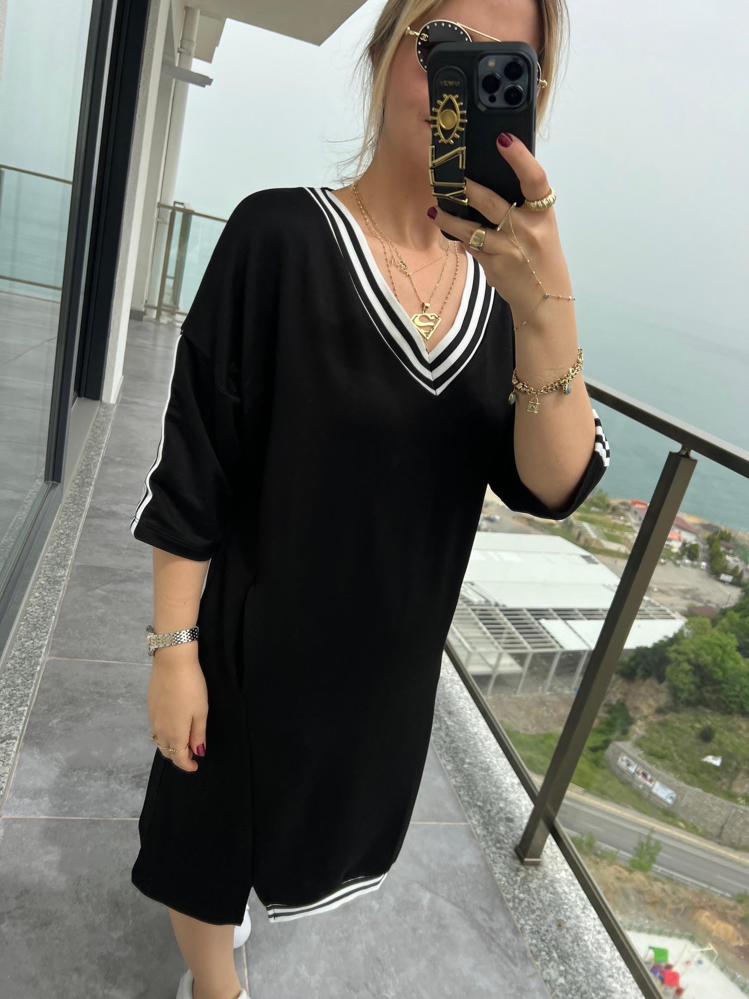 5083 Yaka Kol Şeritli Elbise SİYAH