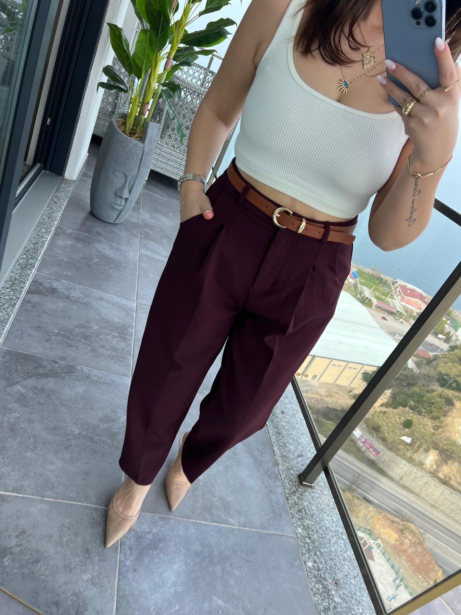 50938 Kemerli Pantalon BORDO
