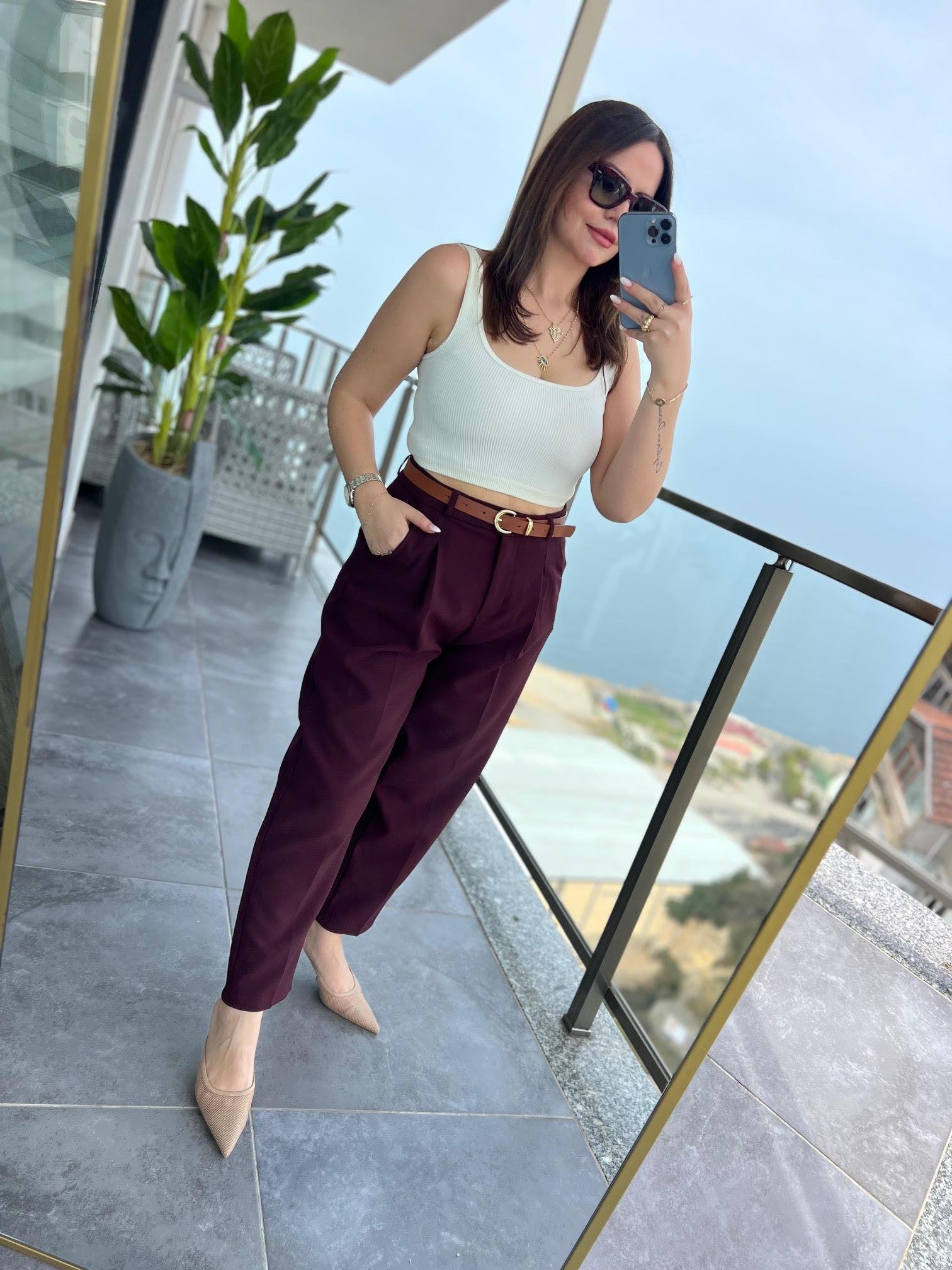 50938 Kemerli Pantalon BORDO