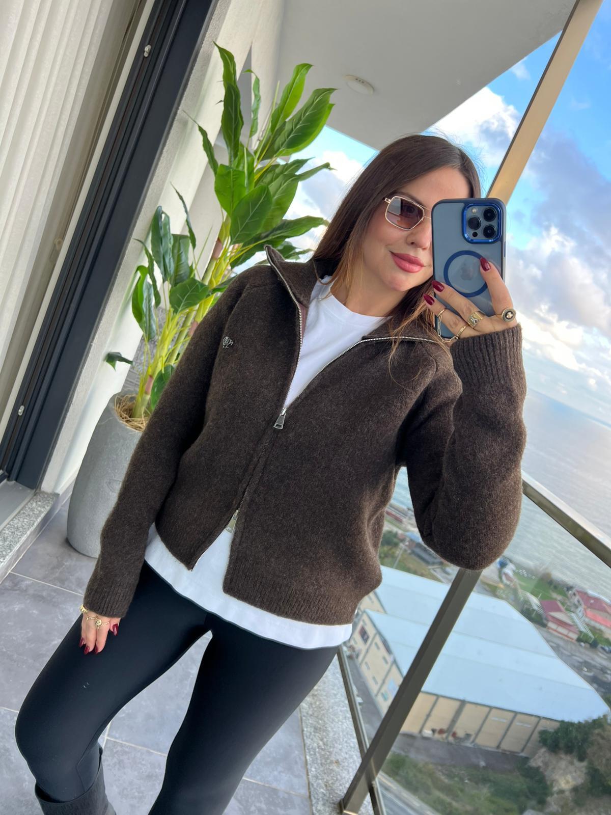 5101 Fermuarlı Dik Yaka Hırka KAHVE