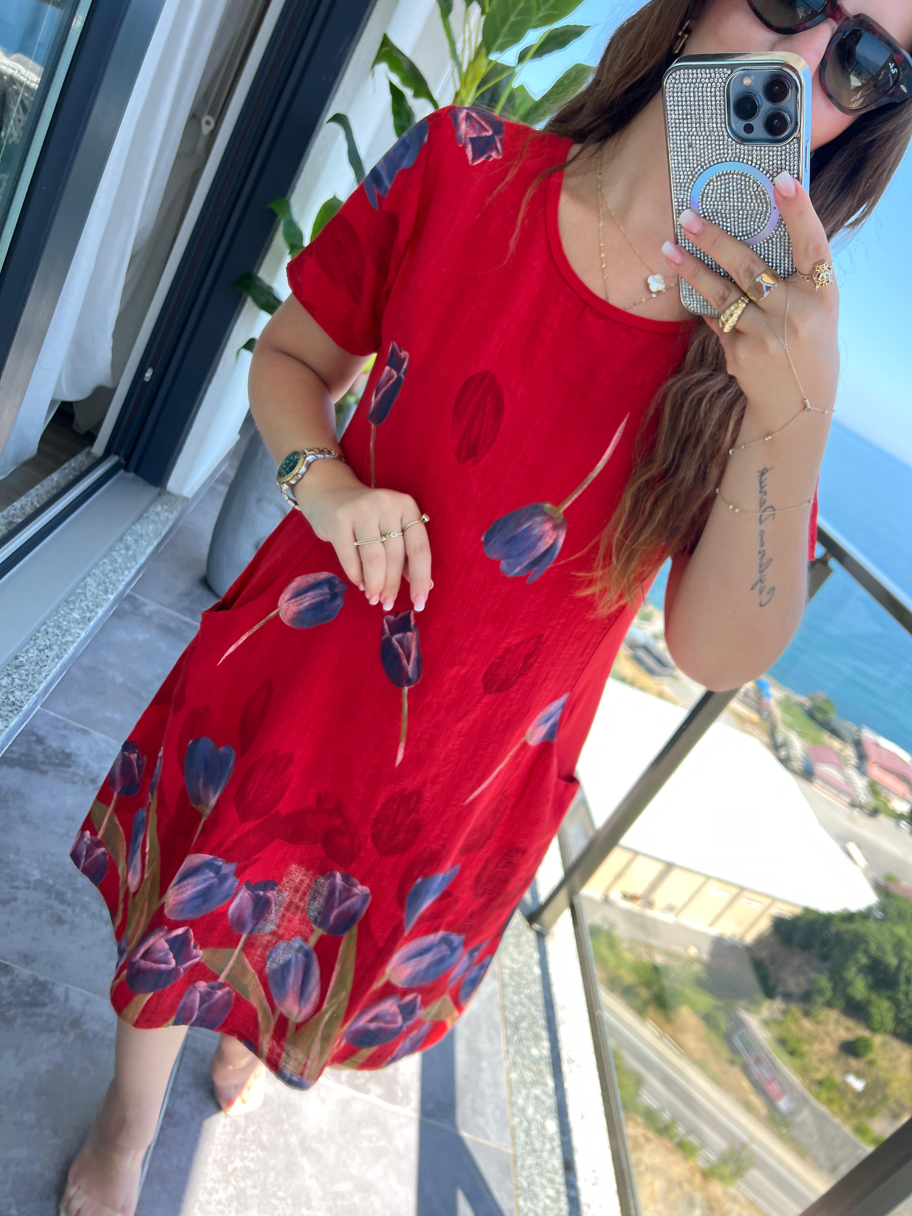 51017 Lale Desen Kısa Elbise KIRMIZI