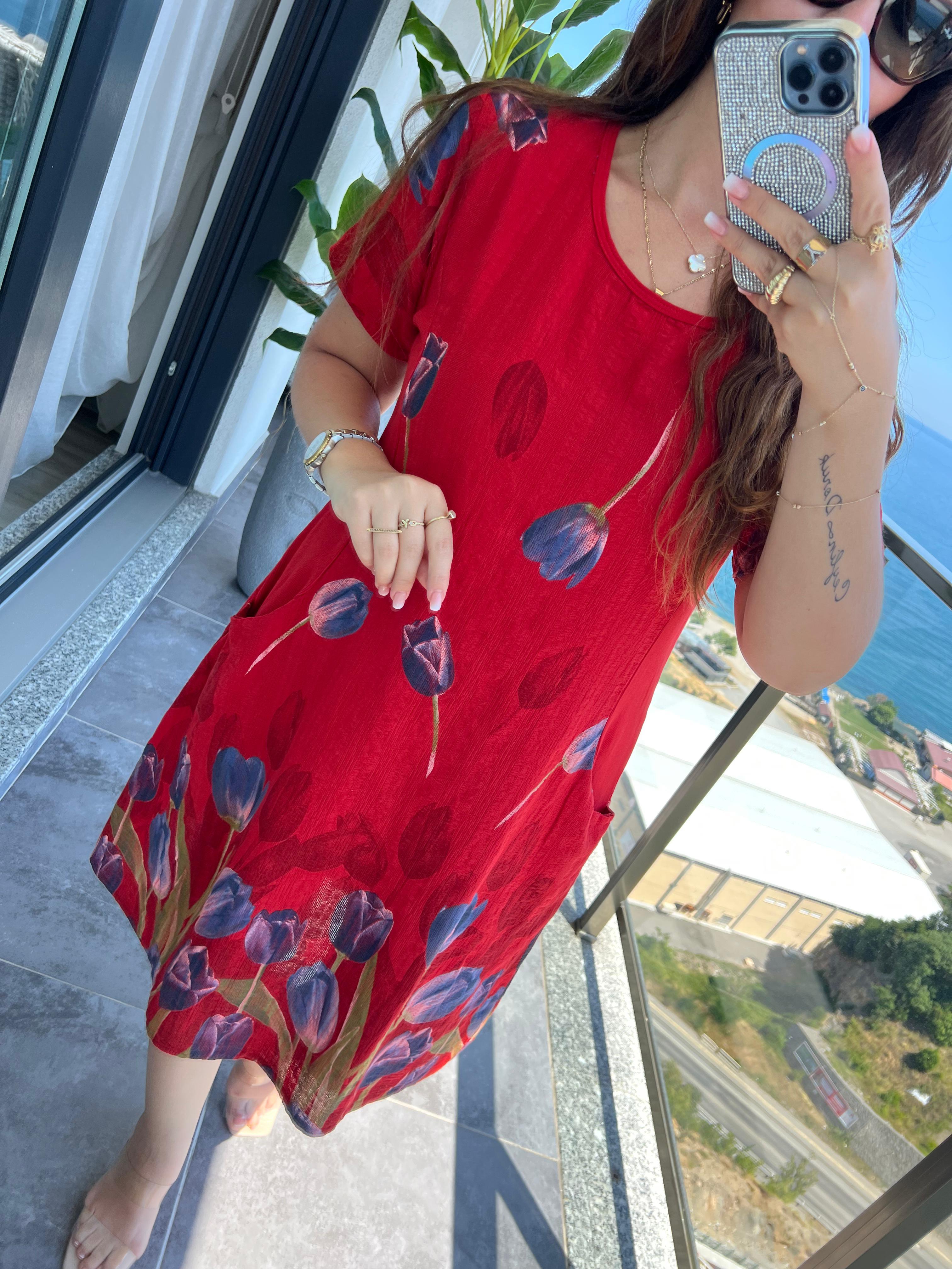 51017 Lale Desen Kısa Elbise KIRMIZI