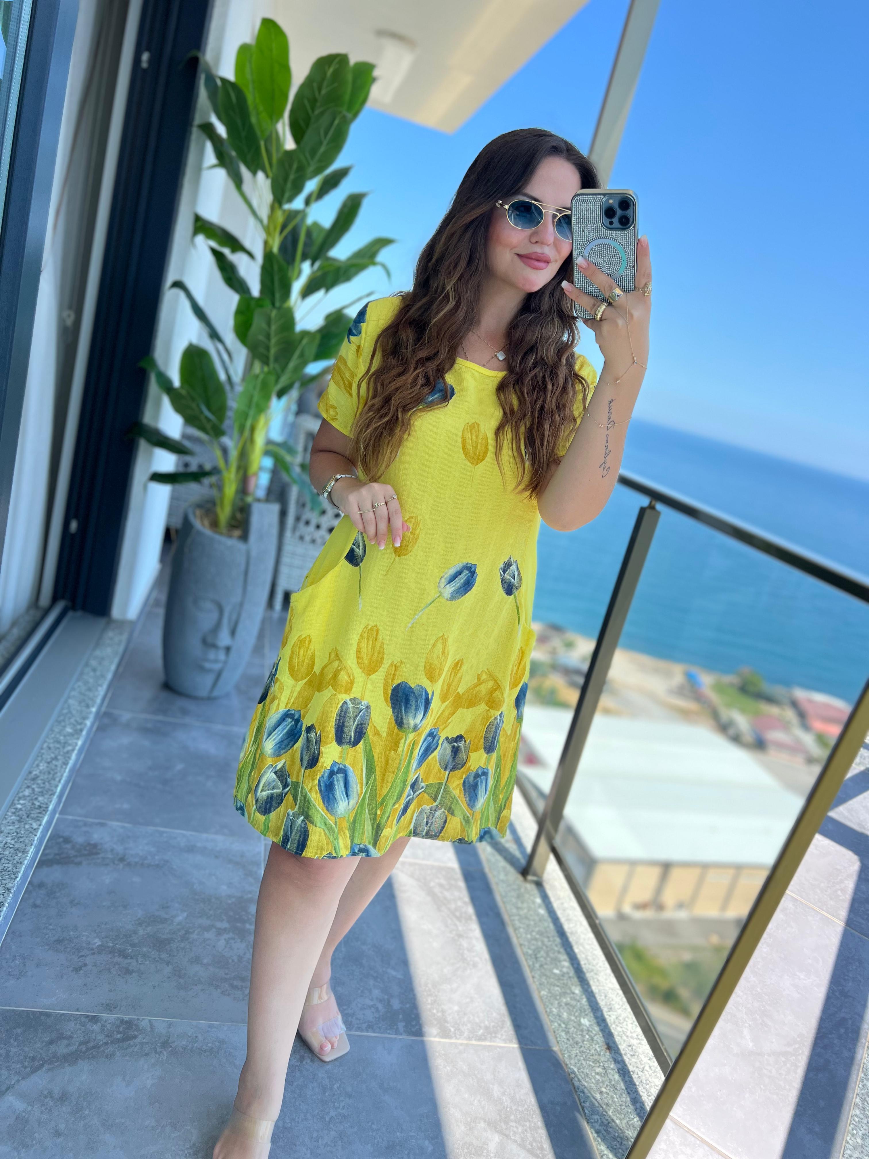 51017 Lale Desen Kısa Elbise SARI