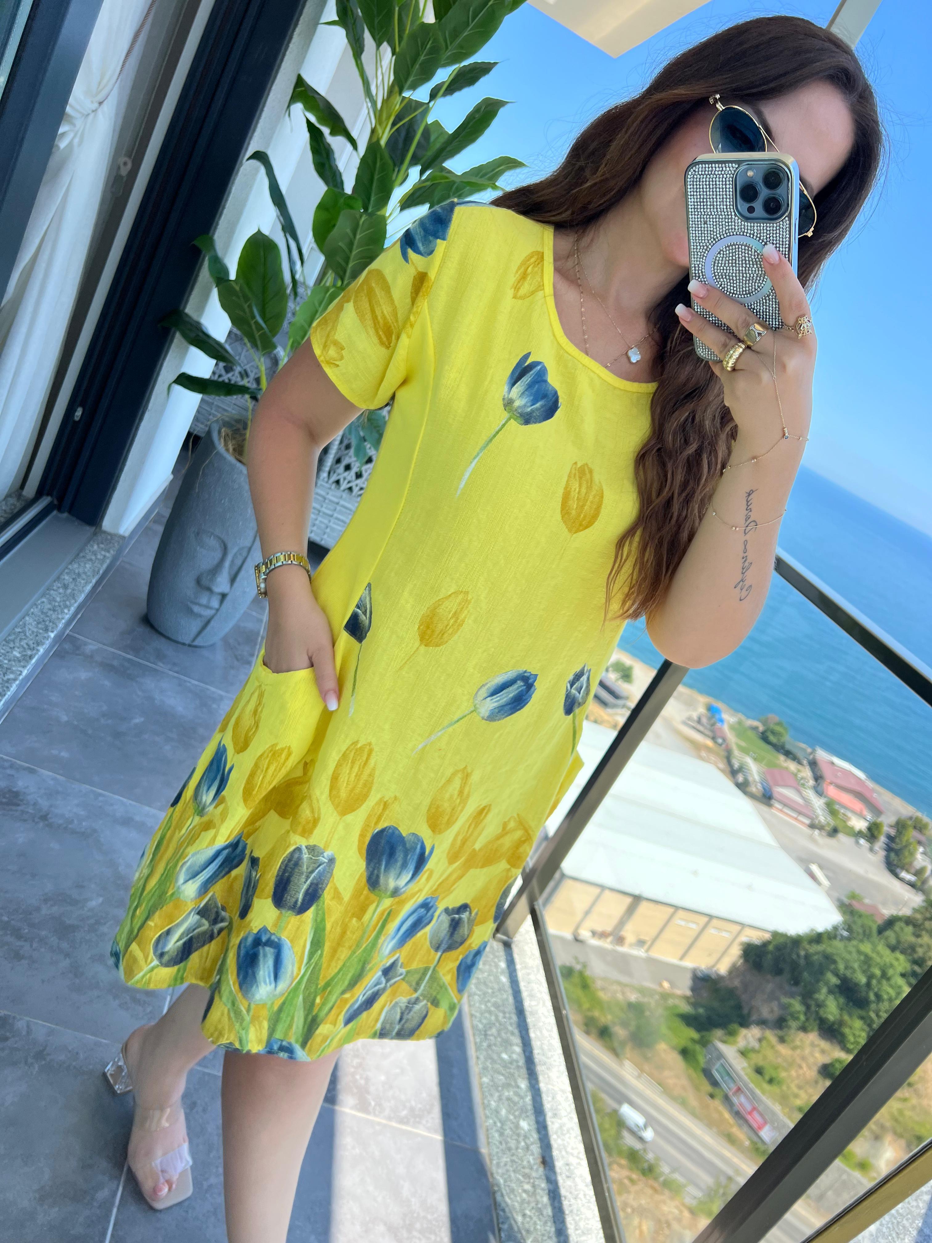 51017 Lale Desen Kısa Elbise SARI