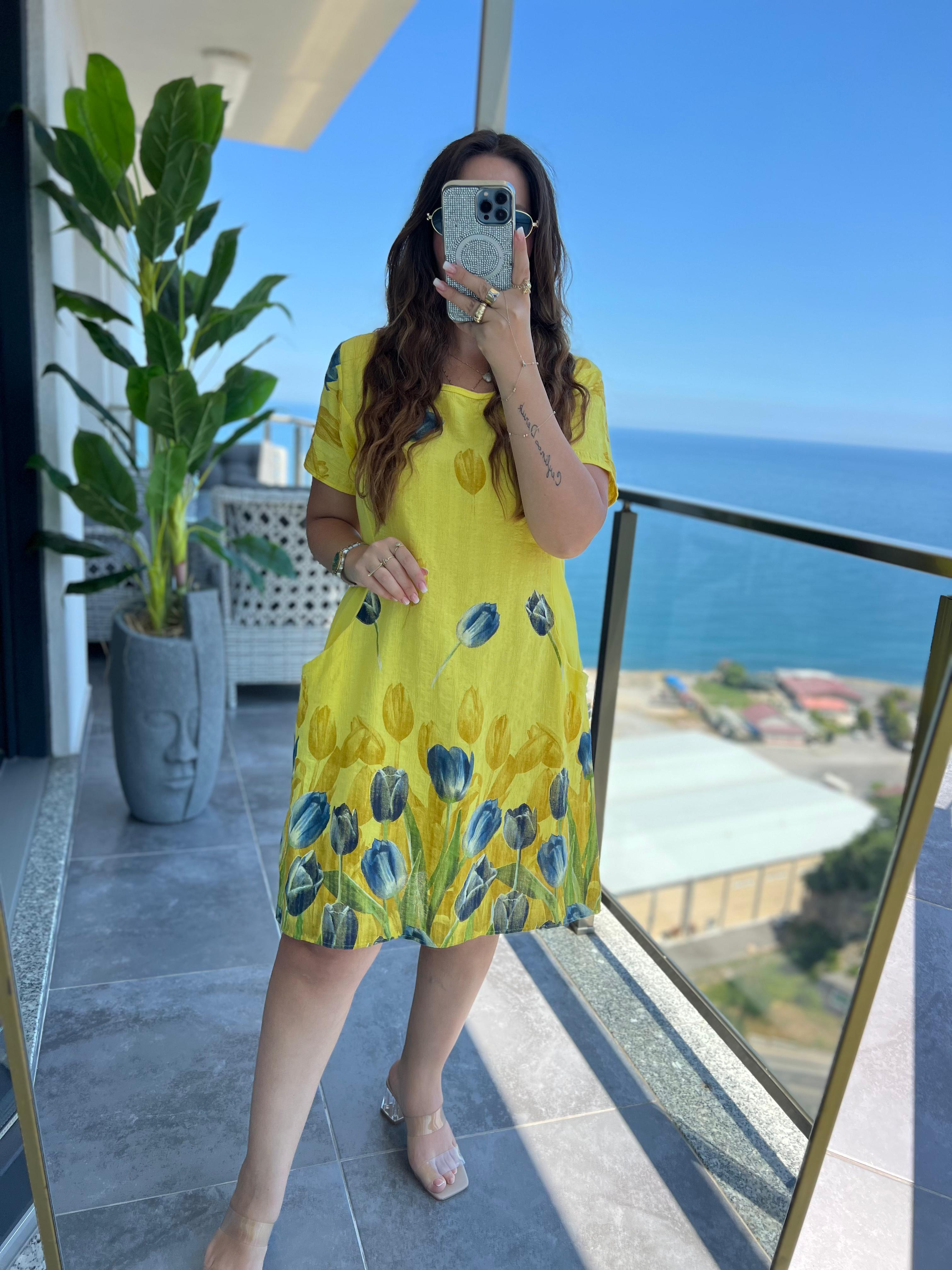 51017 Lale Desen Kısa Elbise SARI