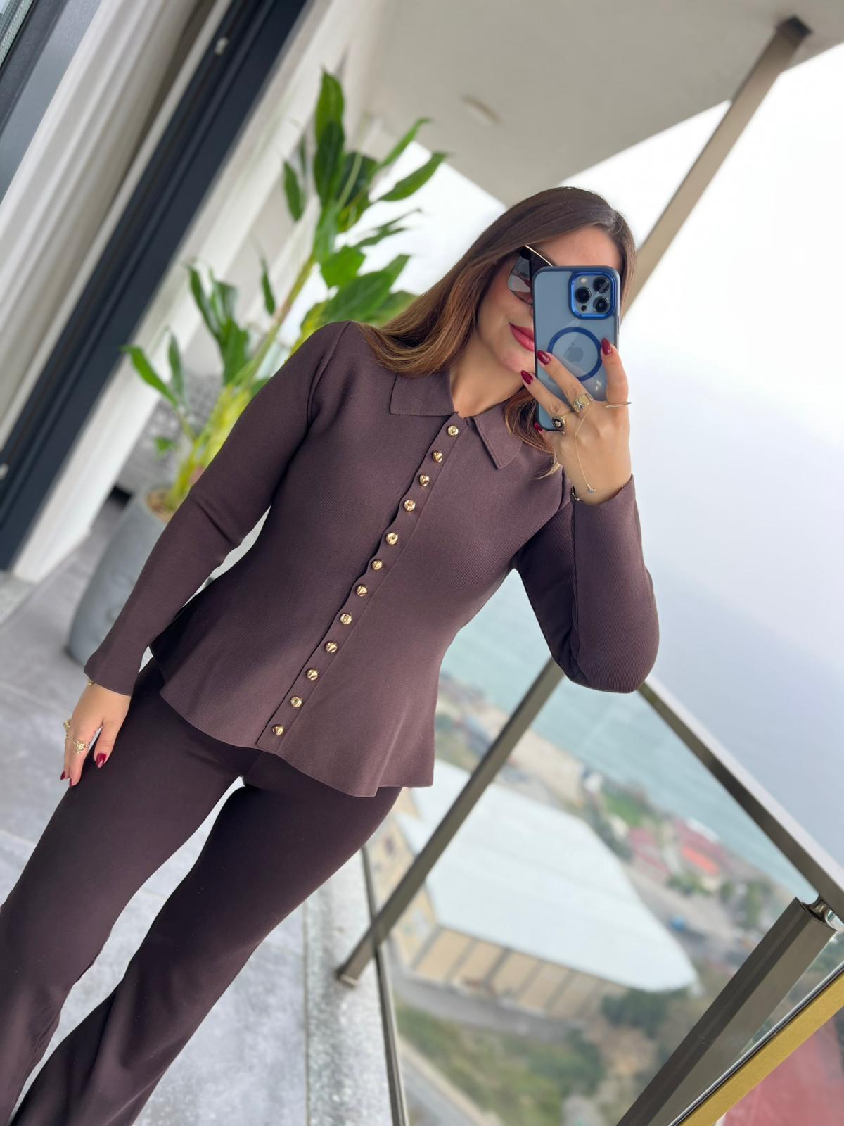5102 Düğme Detay Gömlek Yaka Hırka KAHVE