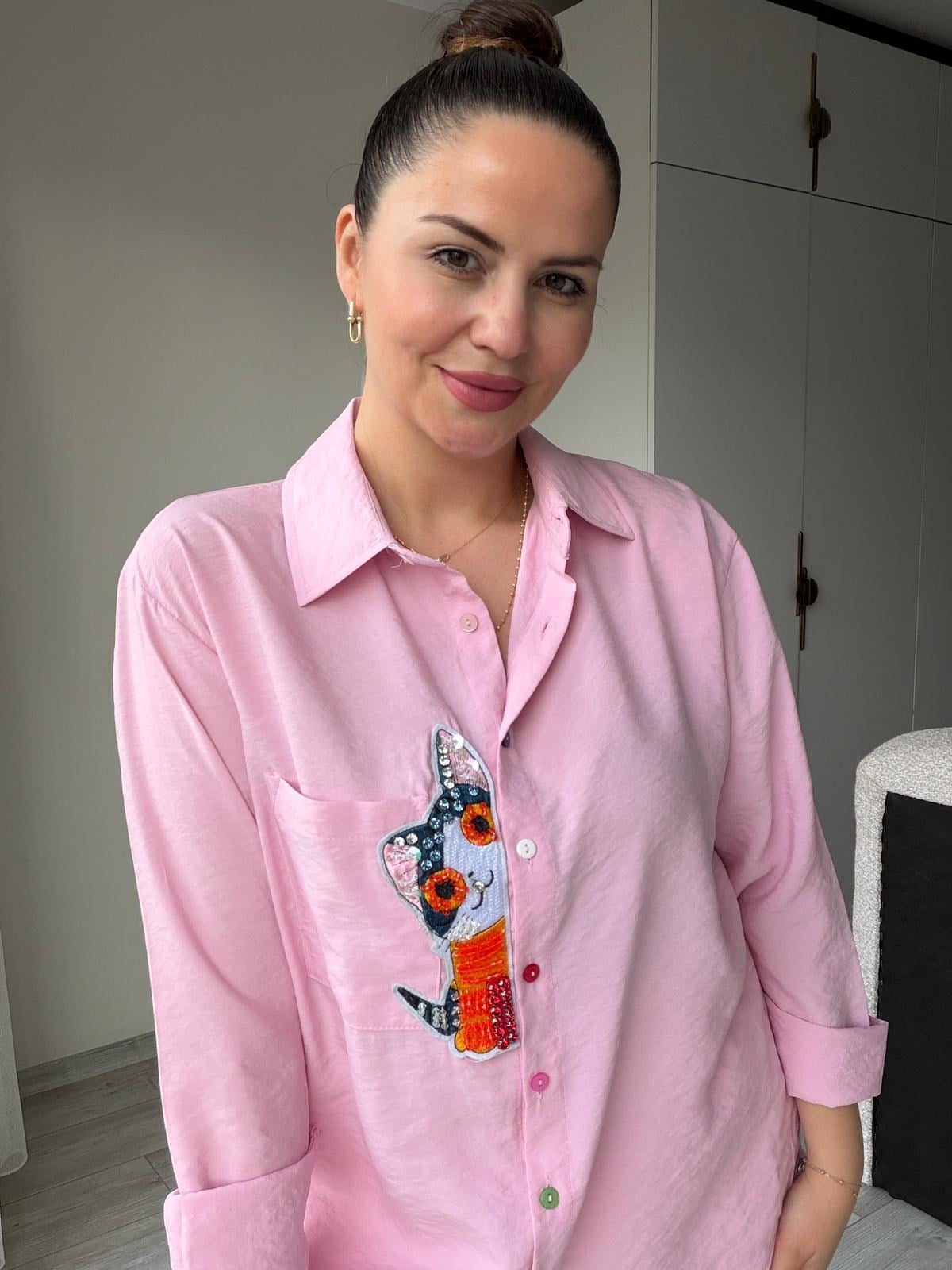 5106 Kedi İşlemeli Gömlek PEMBE