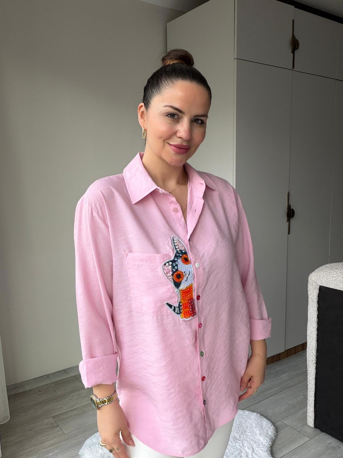5106 Kedi İşlemeli Gömlek PEMBE