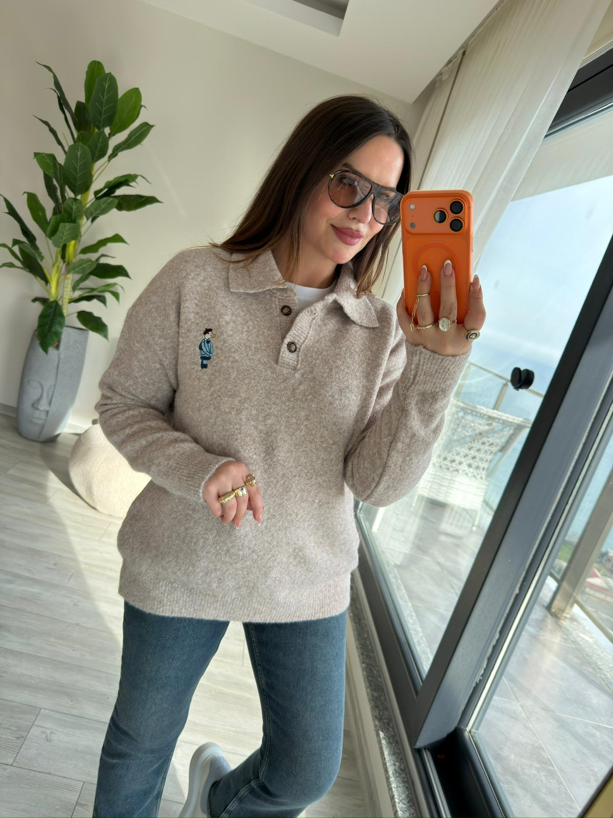 5106 Polo Yaka Düğmeli Kazak BEJ